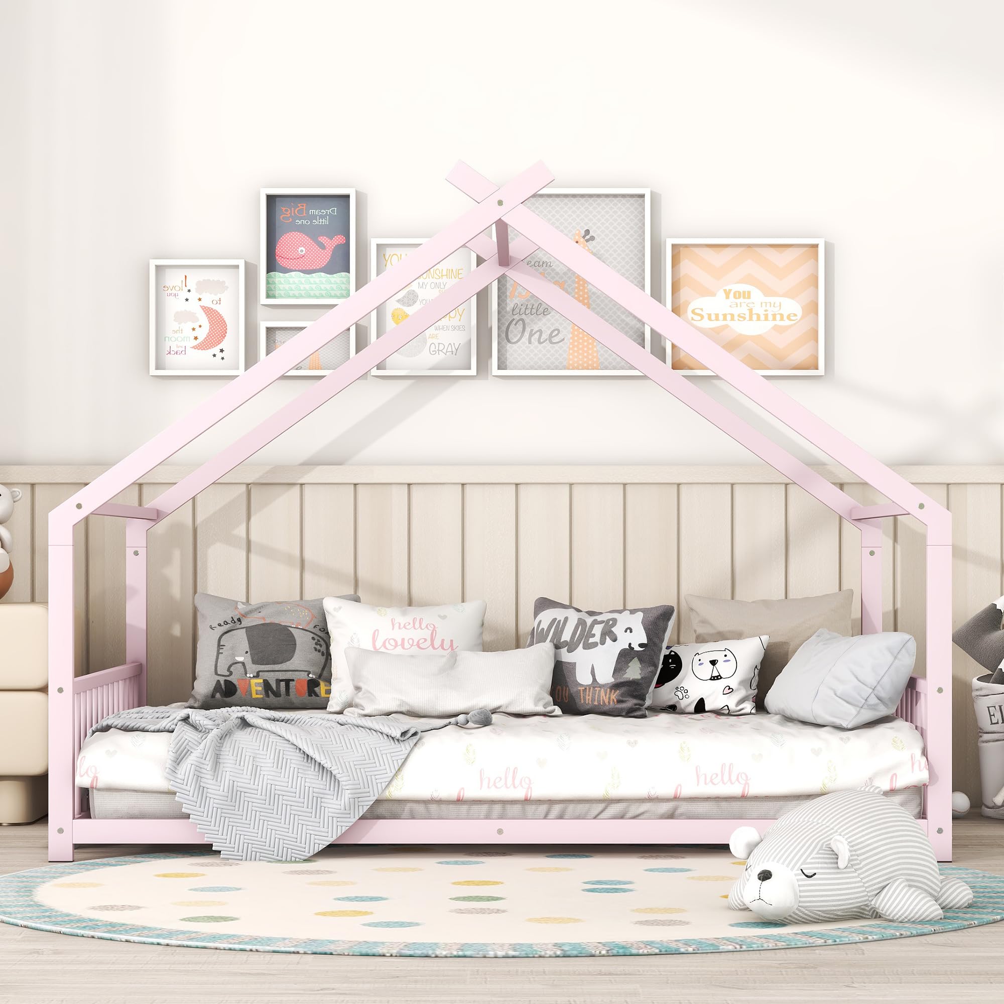 Jintop Metal Full Size House Bed with Roof and Slats Support,Playhouse Design Montessori Floor Bed Frame W/Headboard & Footboard,No Box Spring Needed,for Kids Girls Boys,Pink