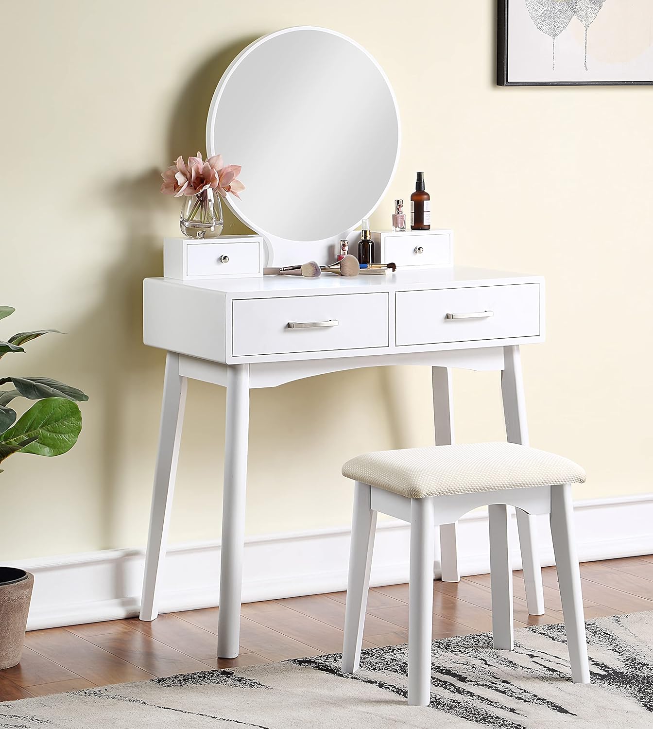 Luna Beauty Makeup Vanity Set with Large Round Mirror & Thick Cushioned Stool, Pink