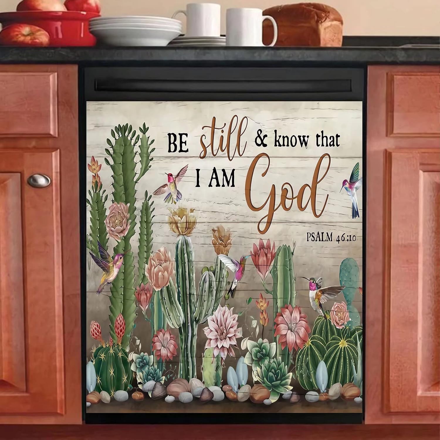 Cactus Flower Magnetic Dishwasher Cover,Religious Verse Dishwasher Magnets Decal,Hummingbird Sticker Refrigerator Decorative Cover,Christian Quote Fridge Decals for Appliance 23"x17"