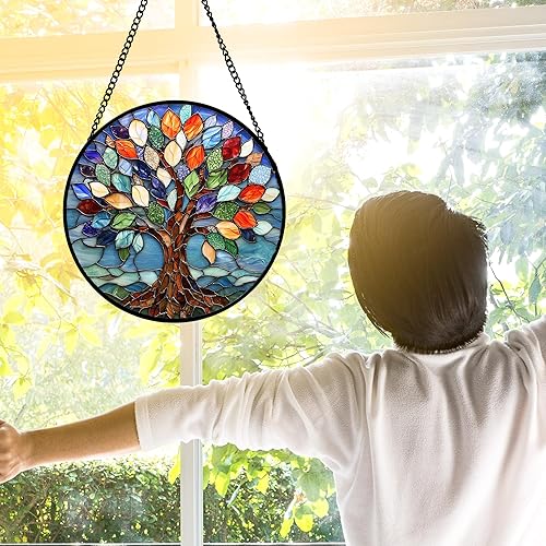 Miniatura 4 de Colorido árbol de la vida para colgar en la ventana, panel de cristal azul para decoración de cumpleaños para mujeres, hombres, esposa, tía y mamá,