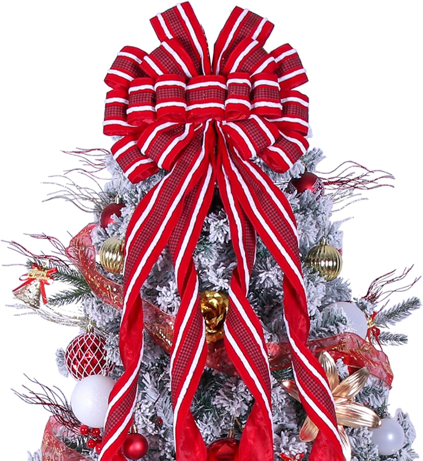 Christmas Tree Topper Bow Large Red Christmas Wreath Bow Tree Topper, Flocking Fabric with White Raw Edge Gift Bows for Xmas Ornament Holiday Home Thanksgiving Indoor/Outdoor Decor 52x13 Inches