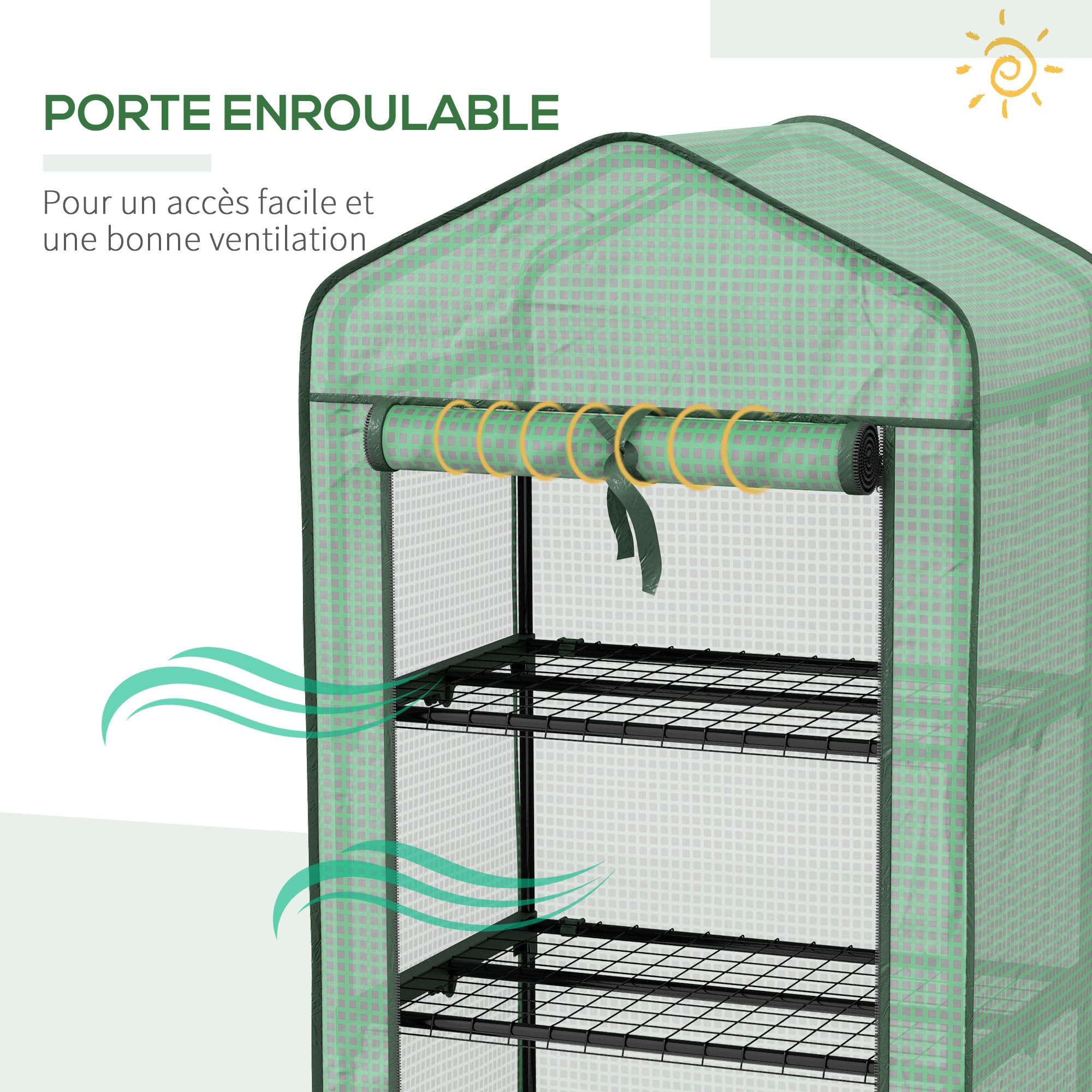 Outsunny Serre de Jardin PE avec étagères 3 Niveaux, Serre de Balcon, bâche PE, châssis en Acier, Porte zippée Enroulable, pour légumes Plantes Fleurs, 69x49x130cm, Vert