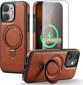 for iPhone 12/12 Pro Case with Stand Compatible Magsafe, Brown | Magnetic Kickstand, with Tempered Glass Screen Protector, Durable PU Leather, Slim fit, Drop Proof Protective Phone Cover