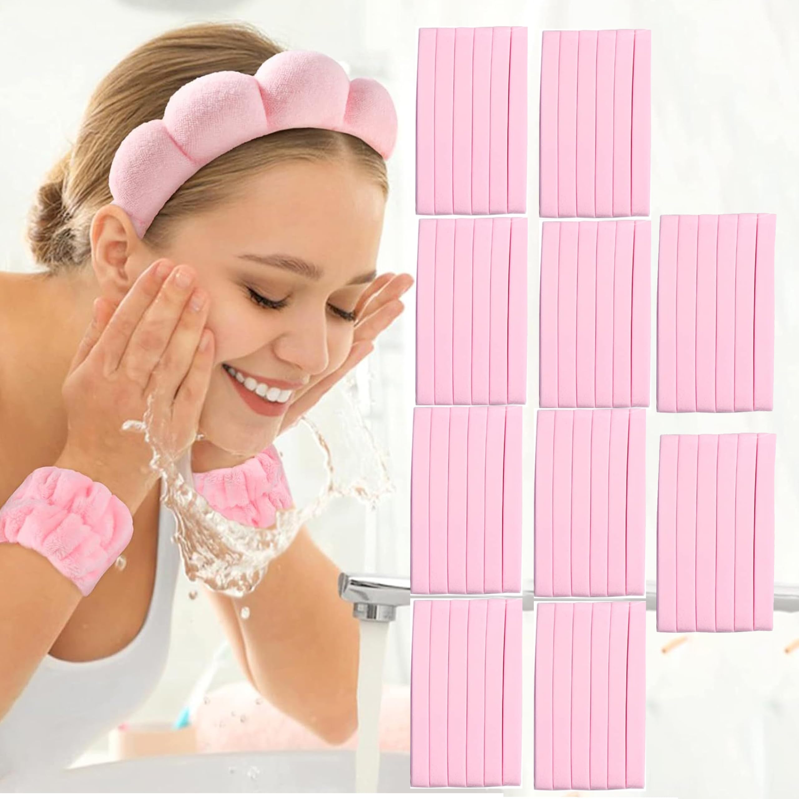 60pcs PVA Professional Makeup Removal Round Face Wash Sponges Spa Pads Exfoliating Cleansing Puffy spa Headband for Washing Face, Velvet Makeup Headband, Headbands with Face Wash Wristbands