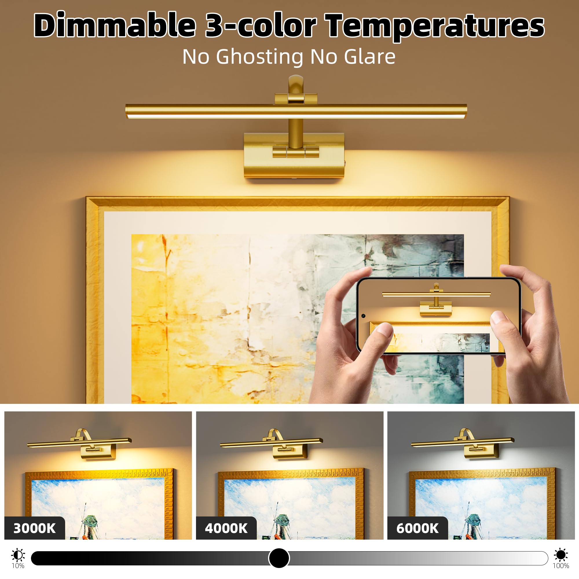 Bildbeleuchtung Kabellos, 5200mAh Akku Bilderleuchte 40cm, LED Wandleuchte Innen mit Fernbedienung & Timer, Dimmbar 3 Farbtemperaturen Bilderlampe für Malen Foto Portrait Dartbrett, Gold
