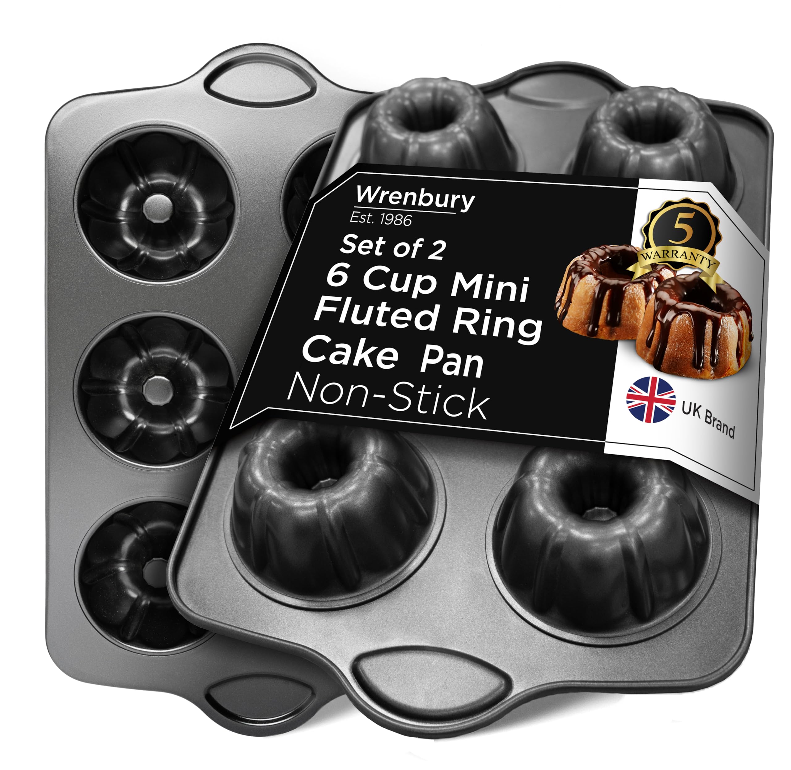 Wrenbury Lot de 2 mini moules à gâteau cannelés antiadhésifs – Moule à gâteau en forme d'anneau d'ange pour la cuisson de petits gâteaux – Sans PFOA et passe au lave-vaisselle – Tasse de 9,5 cm