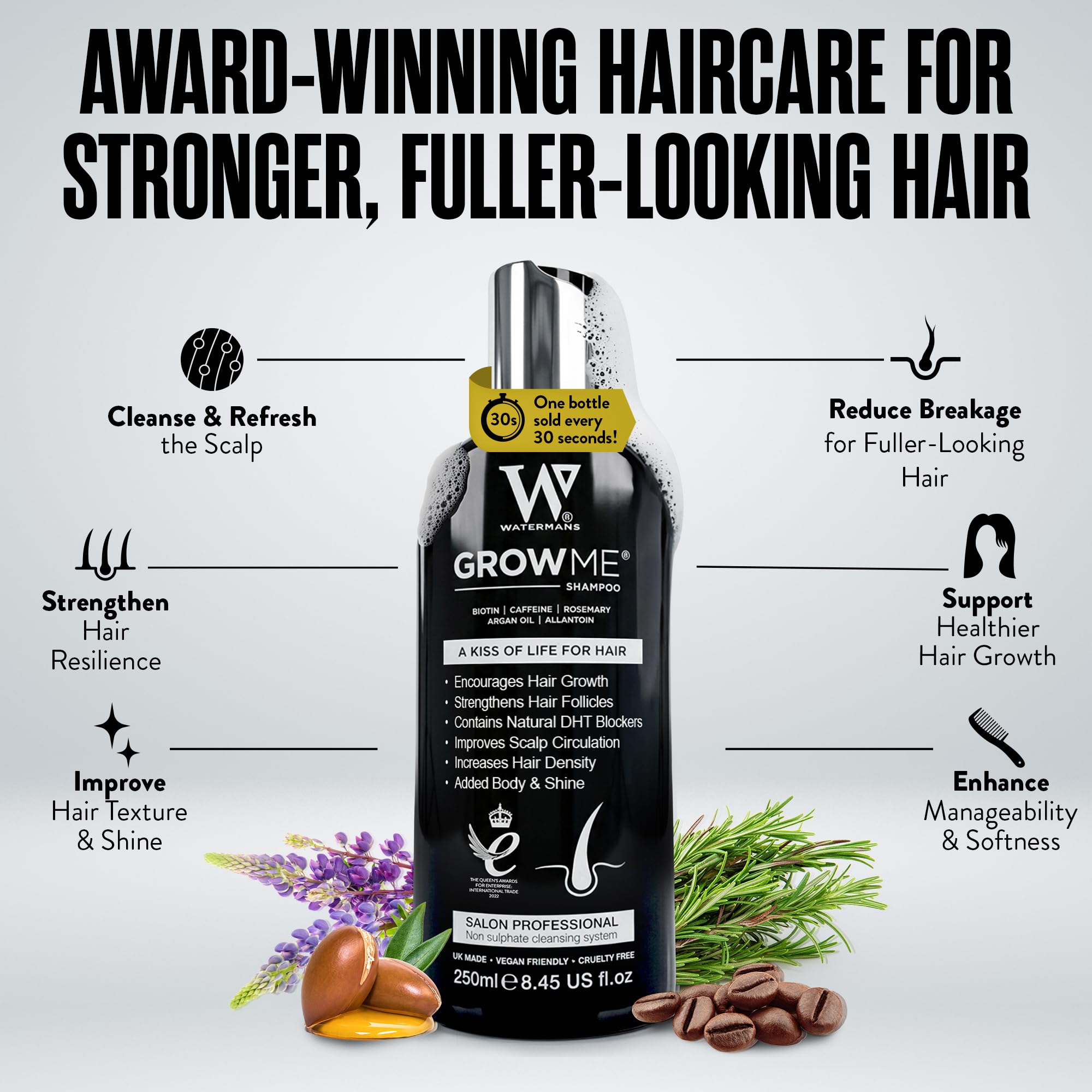 Watermans Meilleur shampooing de croissance capillaire sans sulfate, caféine, biotine, huile d'argan, allantoïne, romarin. Stimule la re-croissance des cheveux, aide à arrêter la perte de cheveux