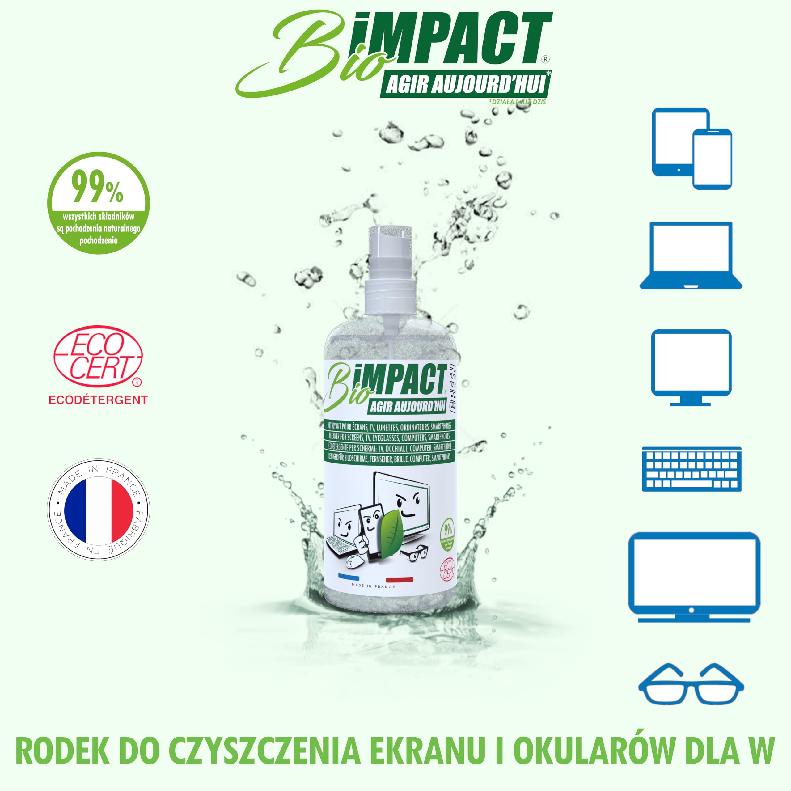 Płyn do czyszczenia ekranów TV, okularów, smartfonów, 500ml, Naturalny z certyfikatem Ecocert