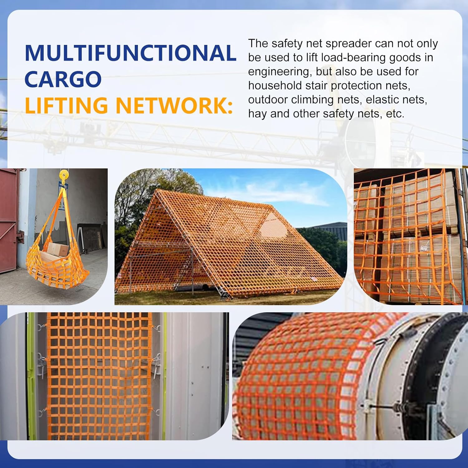 Safety Lifting Net Straps, Flat Nylon Sling Hoisting Net, 6.6 x 6.6ft Cargo Lifting Nets, Lifting nets and Unloading Heavy Objects(Load:7800lbs) Sling Hoisting Net for Construction Rigging Moving