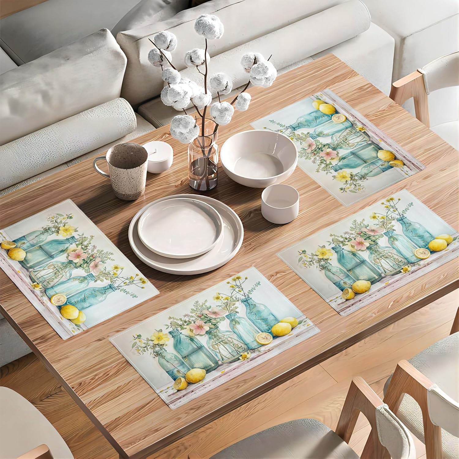 Farmhouse Lemon Placemats Set of 6 Flowers Vase Table Mats Decor Country Floral Lemons Place Mats Imitation Linen Heat Resistant Tablecloth for Dining Decoration Kitchen Party Restaurants 12''x18''