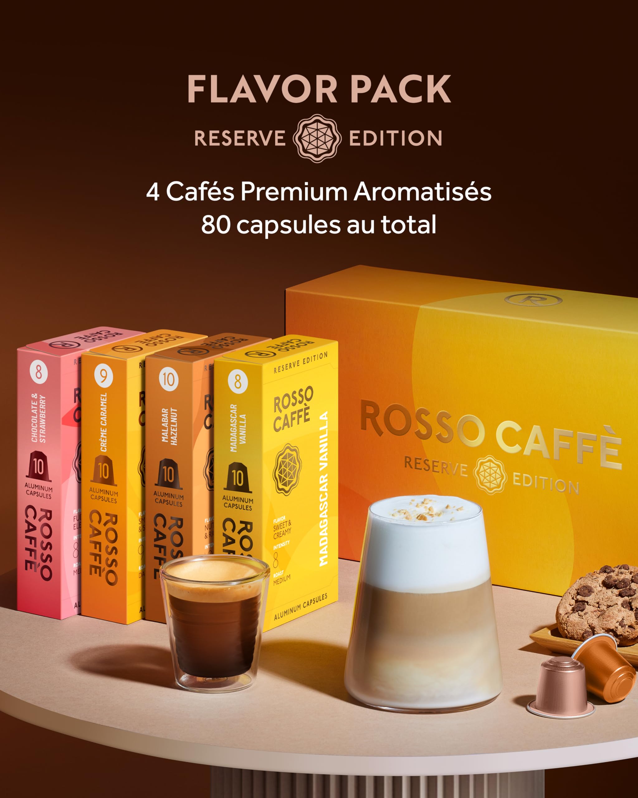 ROSSO CAFFÈ Capsules Nespresso 80 Pièces Café Aromatisé Reserve Edition, 4 Variétés Premium Assortiment, Capsules Café compatibles Nespresso, Made in Italy, compatible avec Machines Originales
