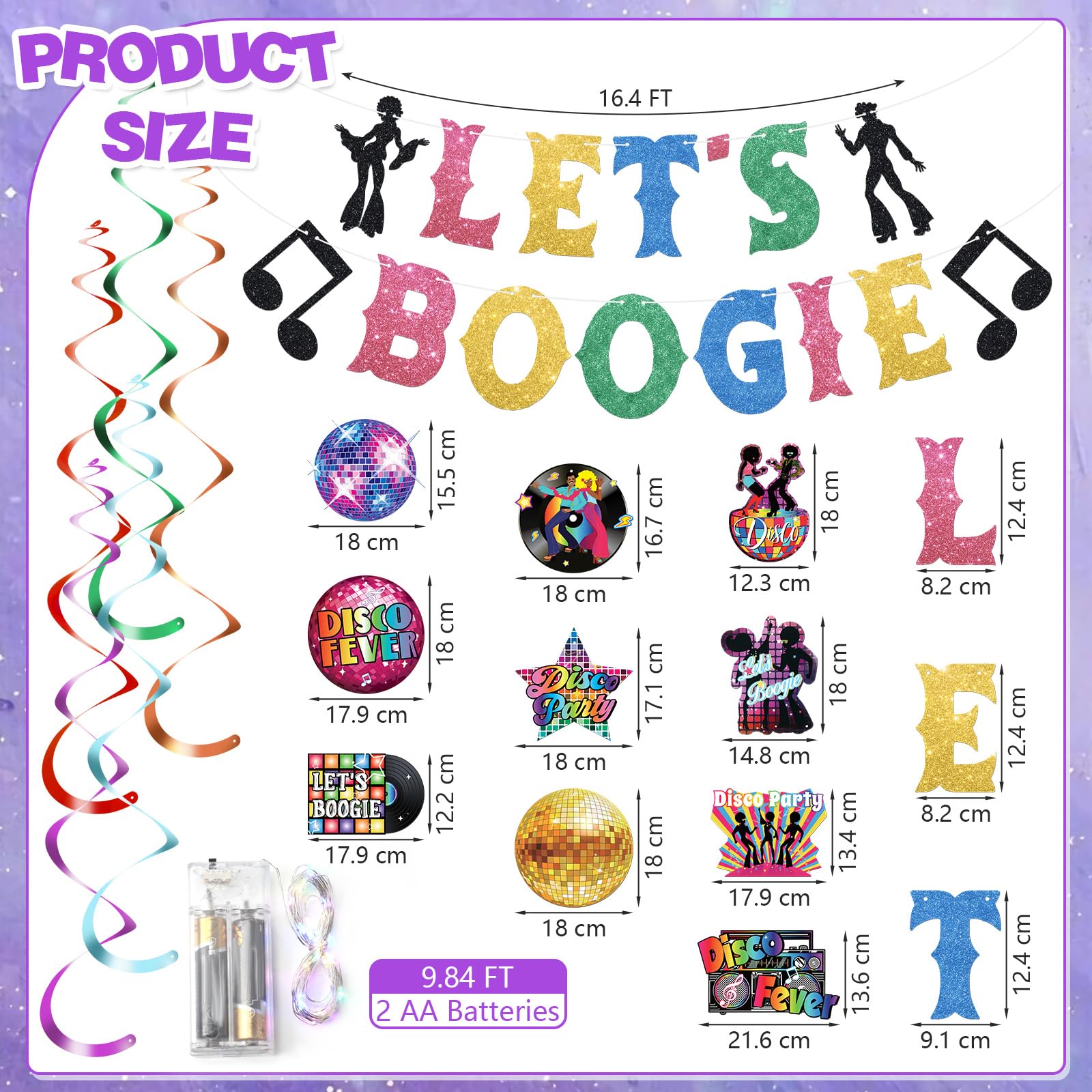 Decoración Fiesta Discoteca Años 70 - Kit 23 Piezas Lets Boogie Con Espirales, Globos Y Pancartas - Para Techo Y Paredes