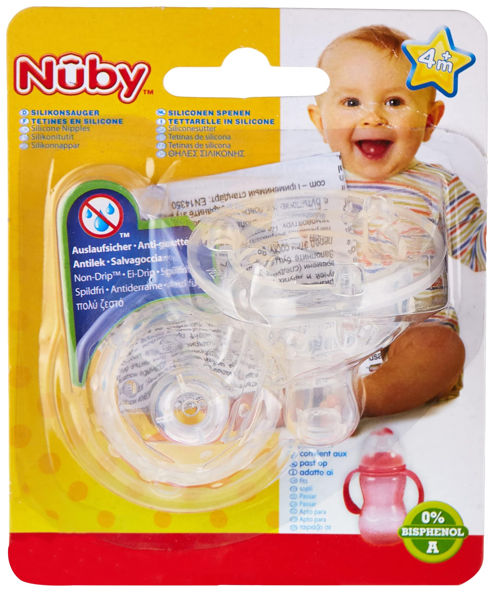 Nuby Soft Silicone Non-Drip Anti-Colic Wide Neck Vari-Flo Nipple For Infants And Babies, 4Months+, 2 Pieces