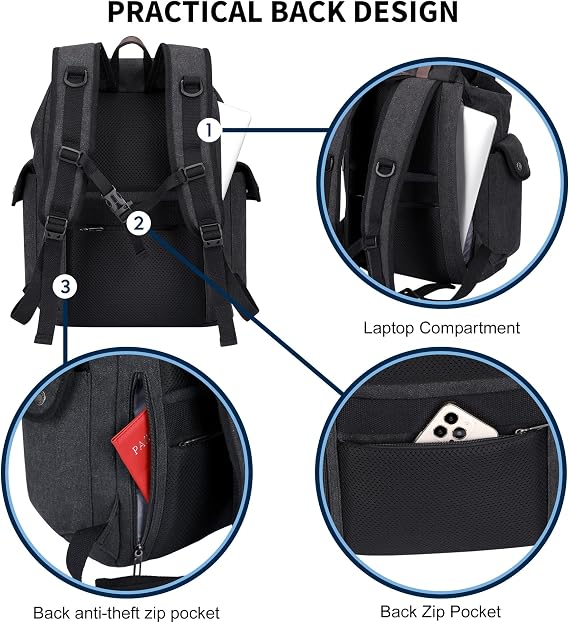 WITZMAN Canvas Backpack for Men Vintage Rucksack Fits 15.6 inch Laptop