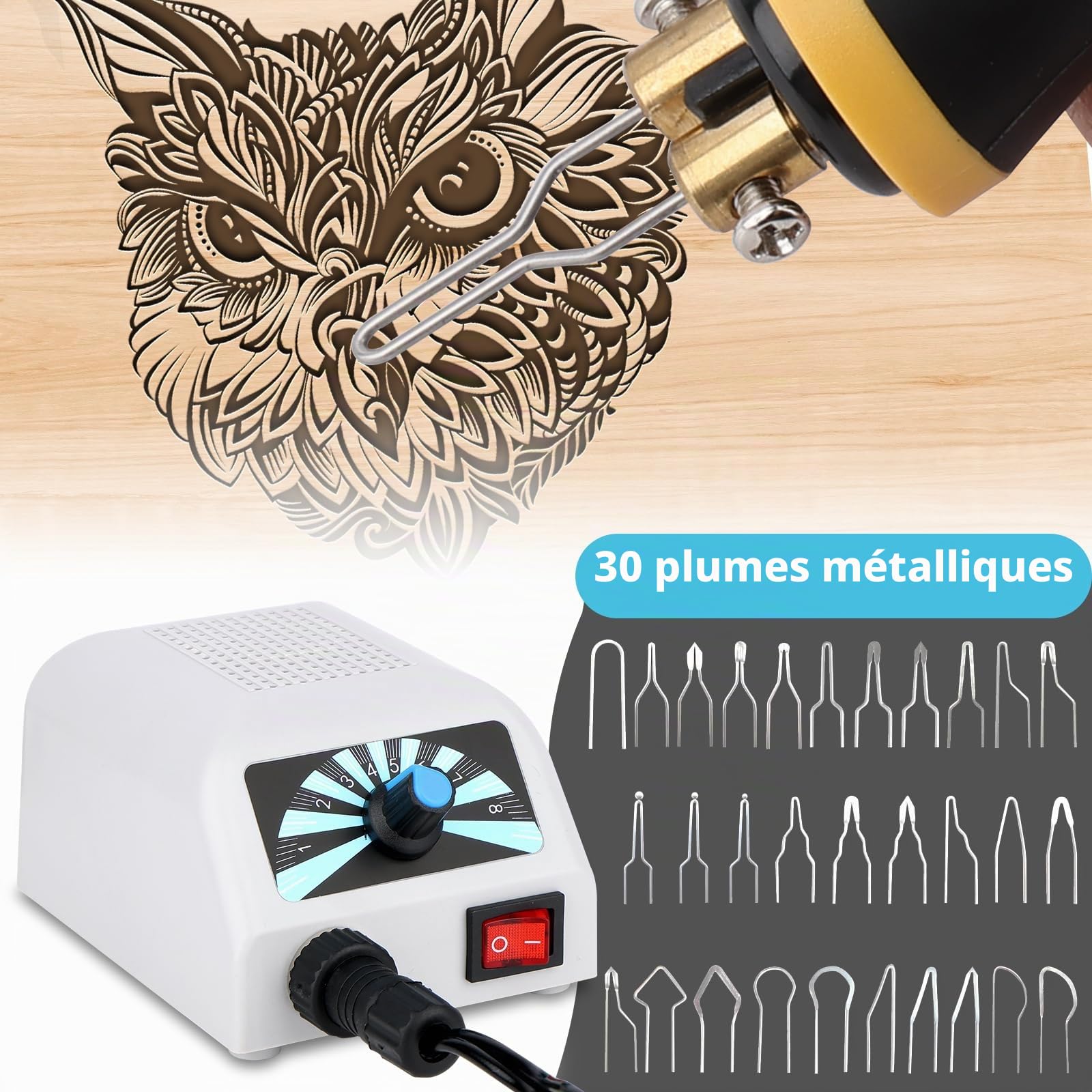 Kit de Pyrogravure au Bois: Pyrogravure avec 30 Têtes de Stylo, Température Réglable 100-800 ℃, pour bois pour bois, cuir et liège DIY