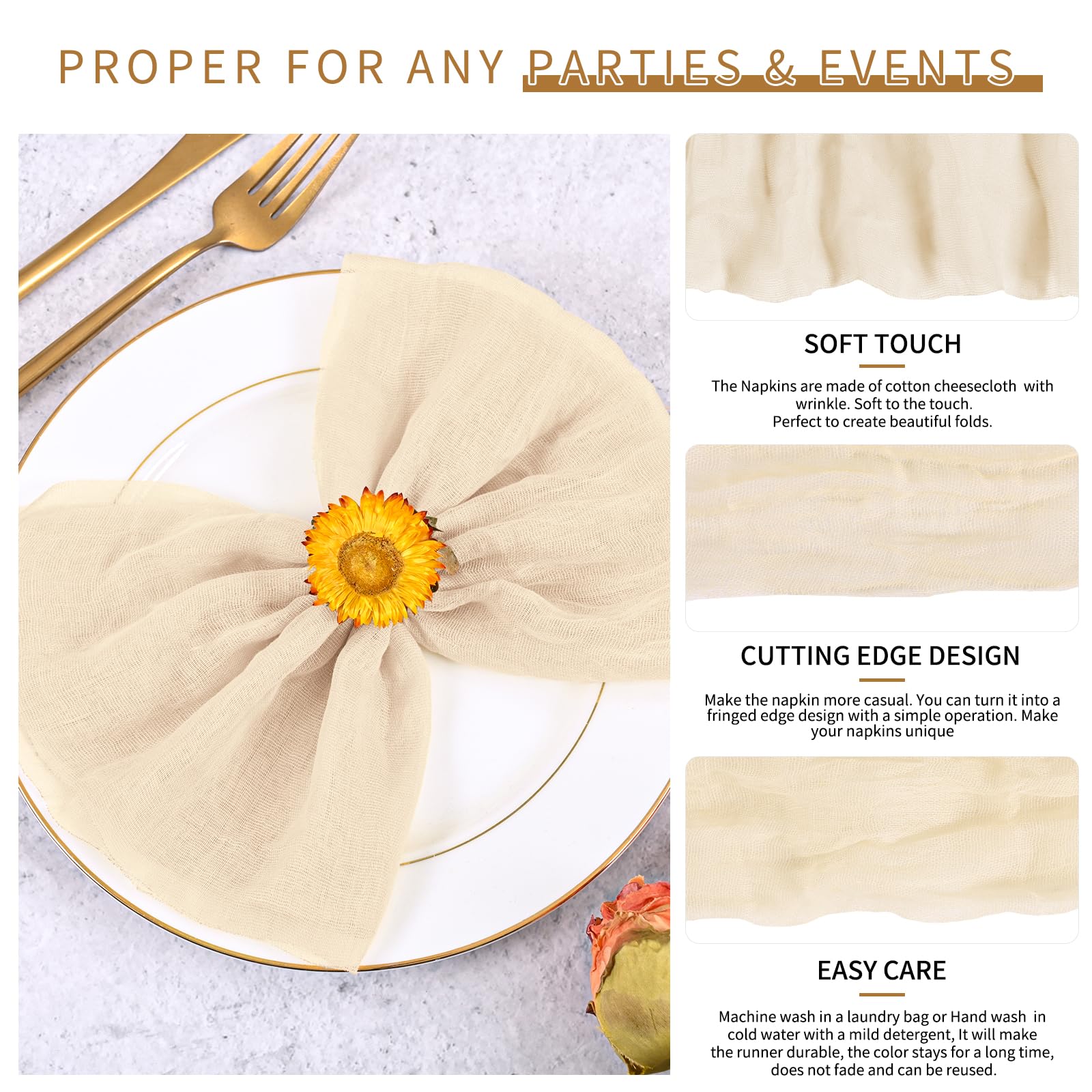 Teruntrue 100 Pack Champagne Cheese Cloth Napkins Gauze Napkins Bulk Set Of 100 Washable Boho Dinner Table Napkins For Wedding Party Baby Shower Birthday Party Decorations,20 X 20 Inch - View #6