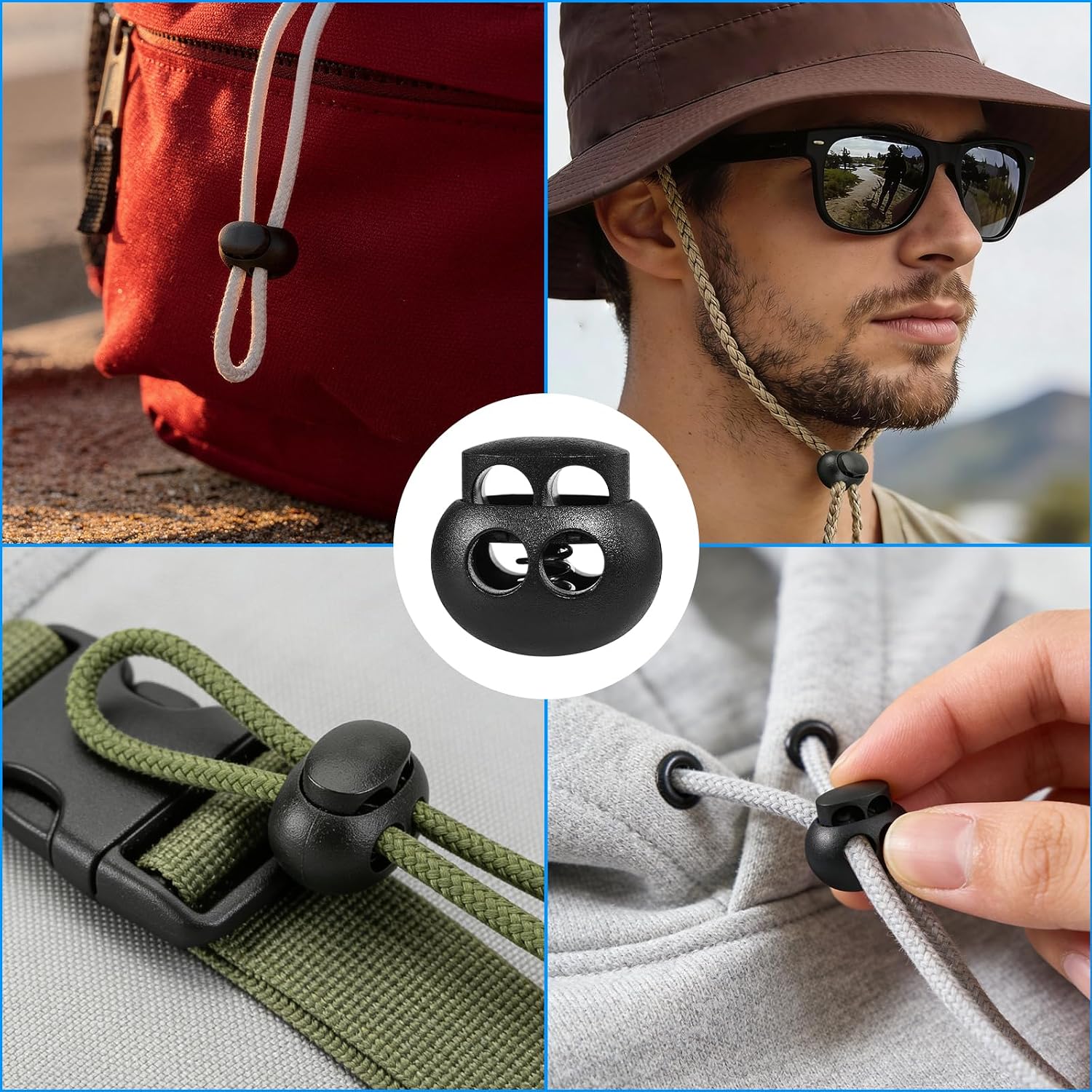 30 Pcs Black Plastic Spring Cord Lock Toggle Stopper, Double Hole Drawstring Cord Lock Fastener for Hoodies, Paracord, Shoelaces, Elastic Ropes and Bags