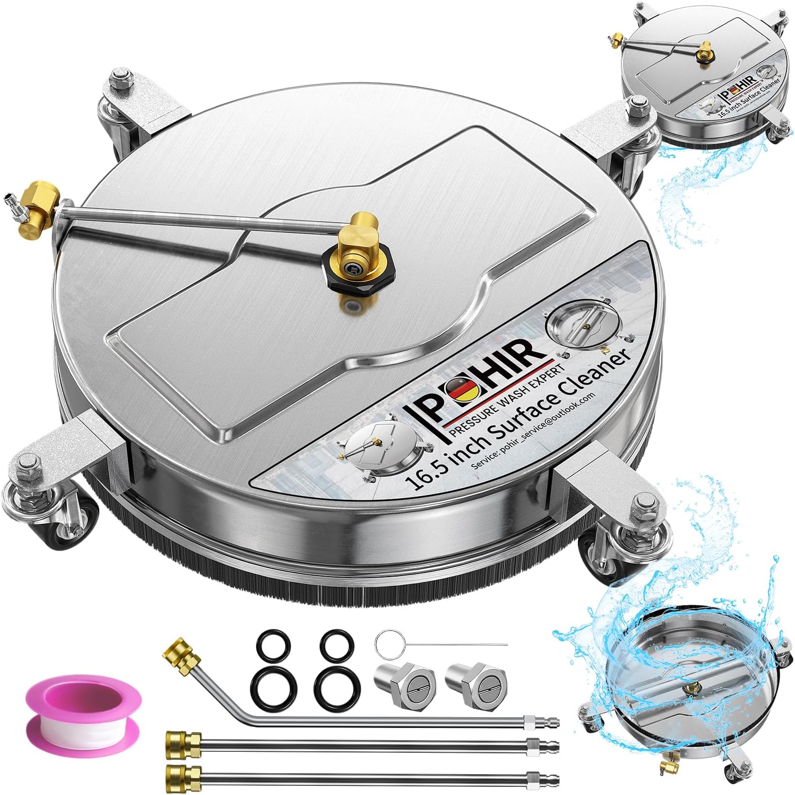 POHIR 16.5'' Pressure Washer Surface Cleaner with 4 Reversible Wheels, 2-in-1 Undercarriage Pressure Washer Attachment - Stainless Steel Housing with 1/4" Quick Plug Wands for Easy Cleaning 4800PSI