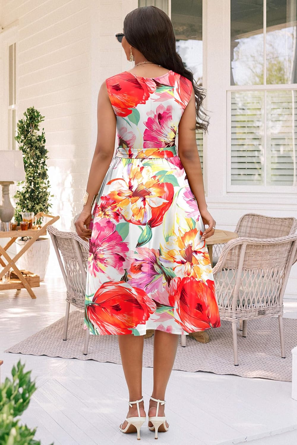 Nmoder Women Summer Dresses Sleeveless Swing Vacation Sundress A-Line Floral Crewneck Casual Midi Dress with Pockets - Image 6