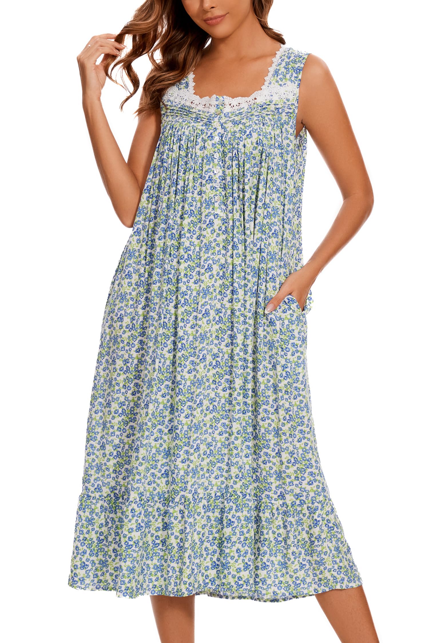 AVIIER Cotton Nightgowns for Women Sleeveless House Dress Ladies Long Nightdress with Pockets S-XXL