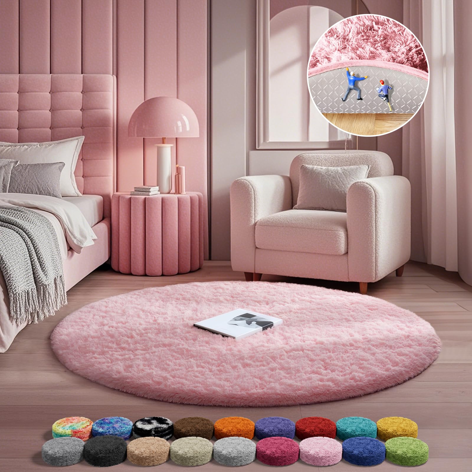 Ophanie Pink Round Rug for Bedroom Girls, Kids Fluffy Kawaii Fuzzy Shag Circle Circular Area Rugs, Cute Plush Christmas Small Carpet 3.6Ft, for Teen