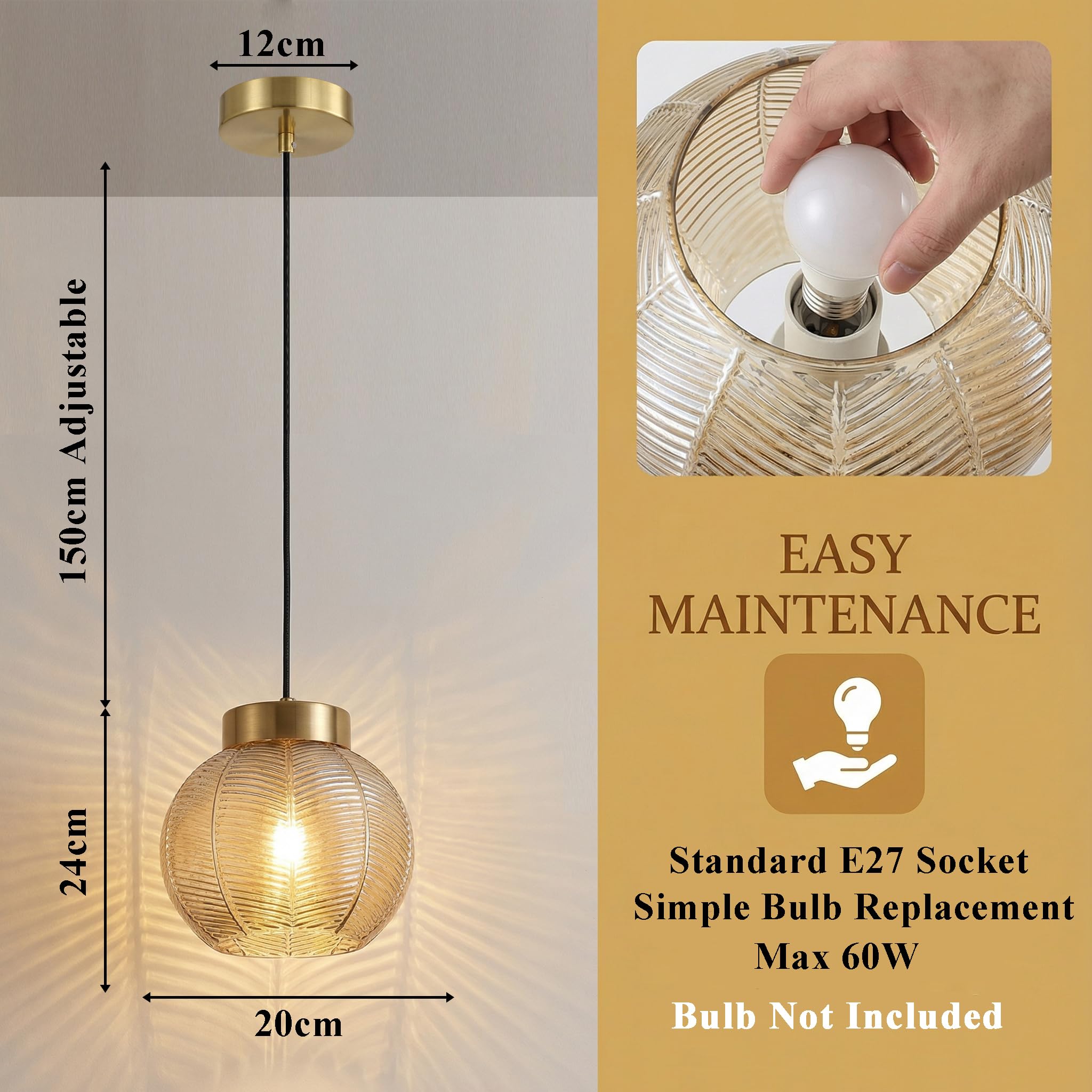 Suspension Luminaire Moderne à Boule de Verre de 20cm en Finition Dorée, Lampe Suspendu Hauteur Réglable E27 Lustre pour Salle à Manger,Salon,Chambre,Cuisine (Ambre)
