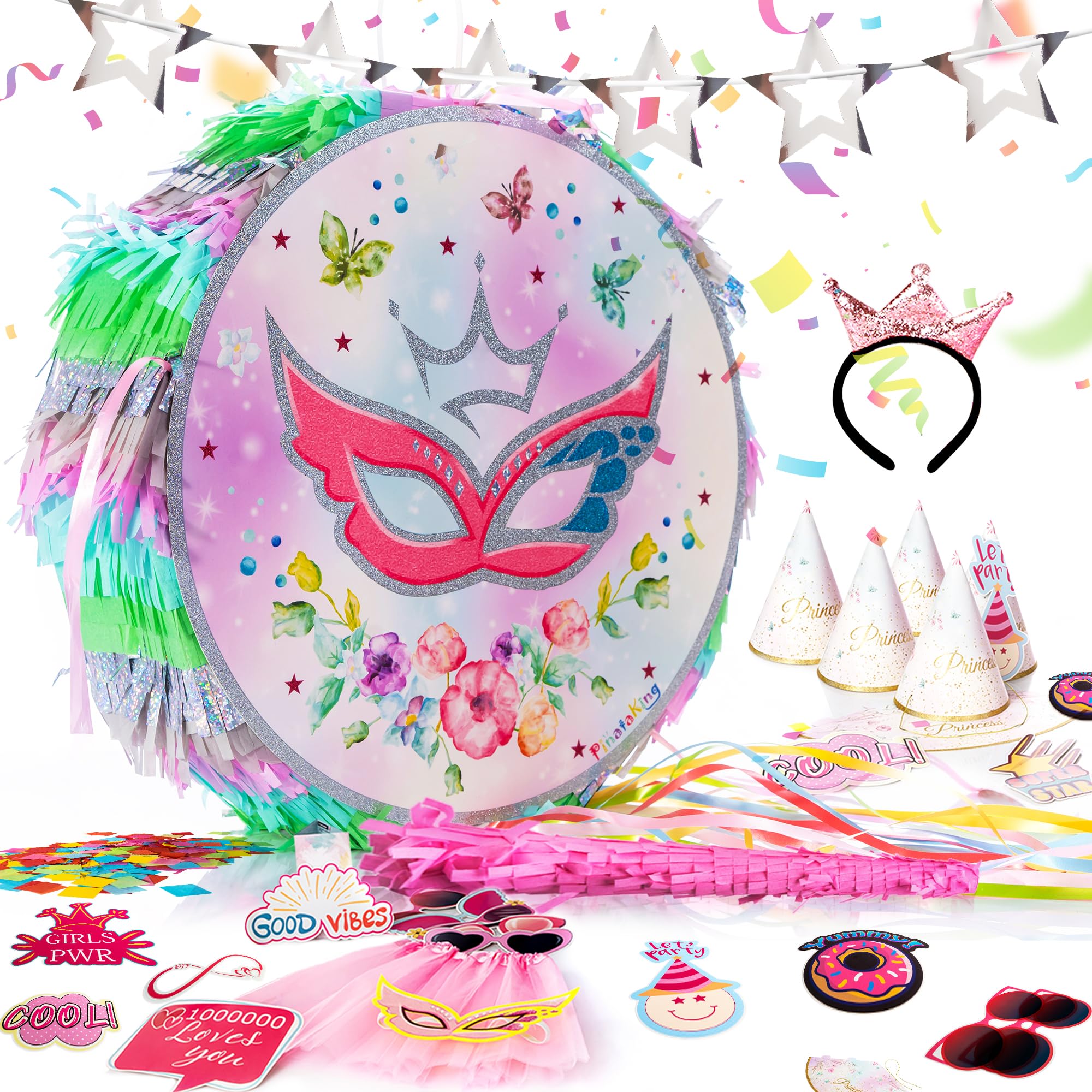 Magical Princess Pinata Party Kit for Girls | 47-Piece Deluxe Piñata Set | Pull String Design | Includes Stick, Pink Skirt, Mask & More | 13" x 13" x