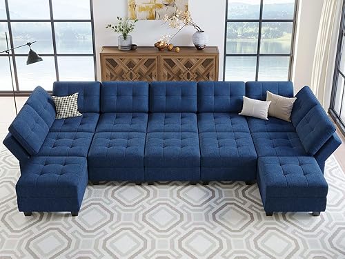 Miniatura 3 de Belffin Sofá cama modular modular con diván reversible en forma de U con asientos de almacenamiento de gran tamaño de 12 asientos, sofá modular azul