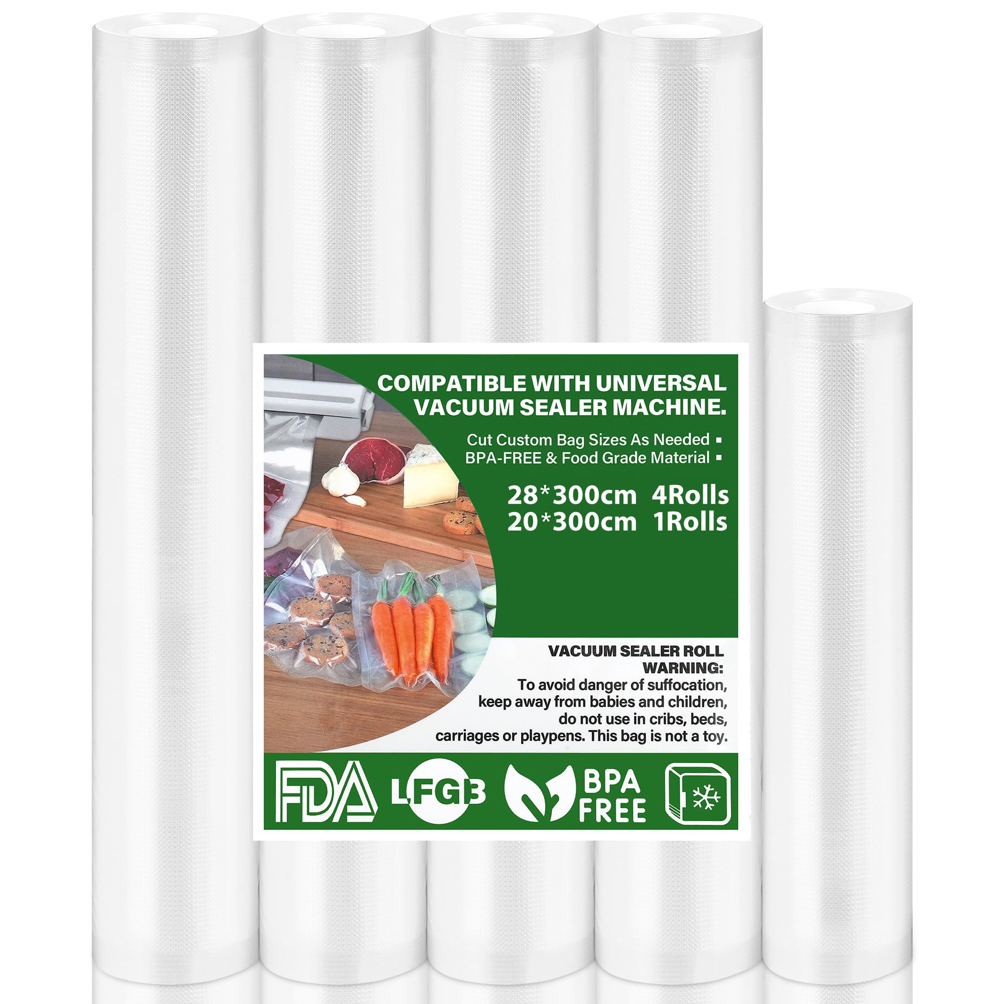 Vakuumierbeutel 5 Rollen Vakuumbeutel Lebensmittel 20|28x300cm, Vakuumierfolie für alle Vakuumiergerät, BPA-frei, reißfest, 190µm, Sous Vide Gefrierbeutel für alle Mikrowelle