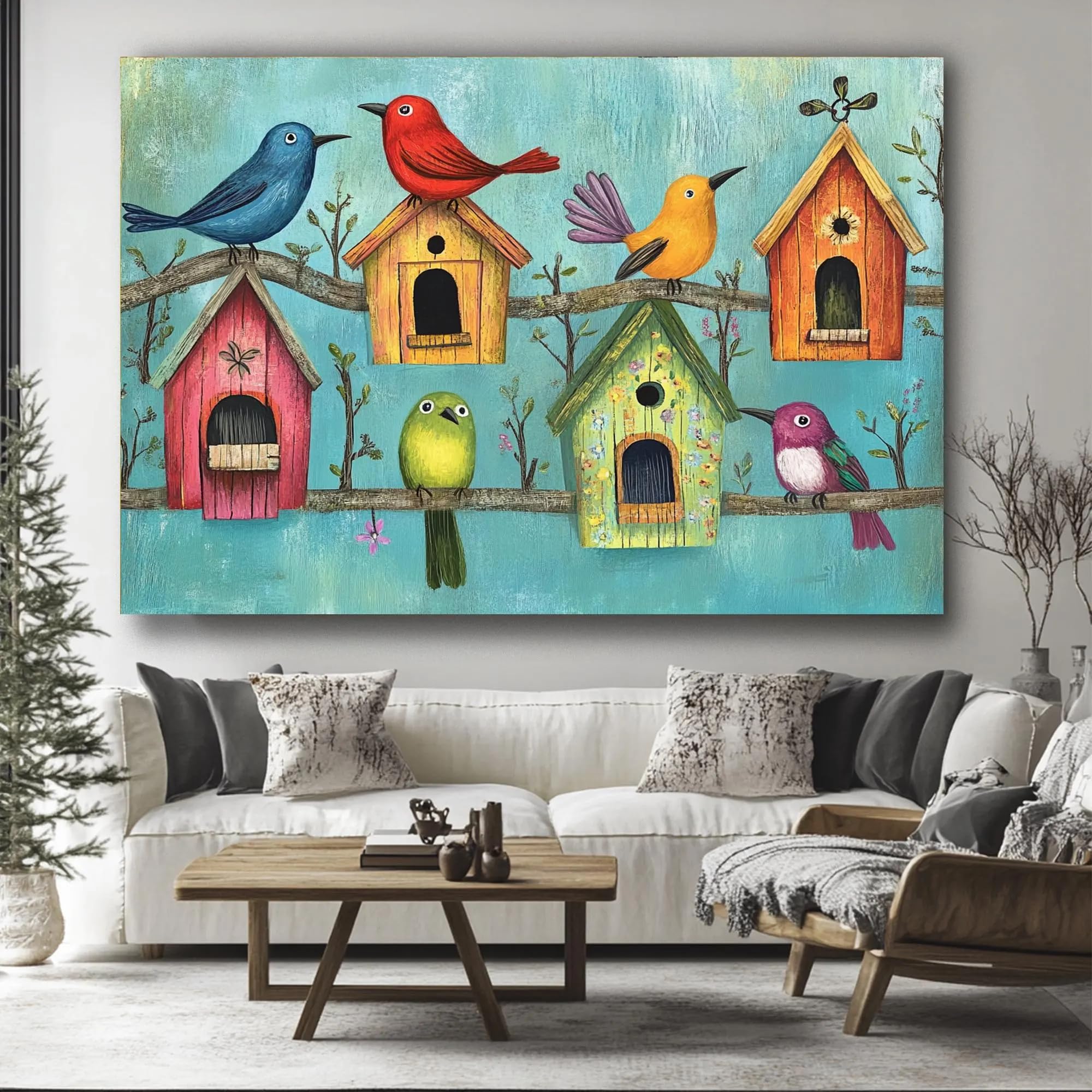VIEAXSQU Affiche « Oiseaux sur des branches d'arbre », nichoirs en bois, toile à fond texturé (70 x 100 cm, avec cadre)