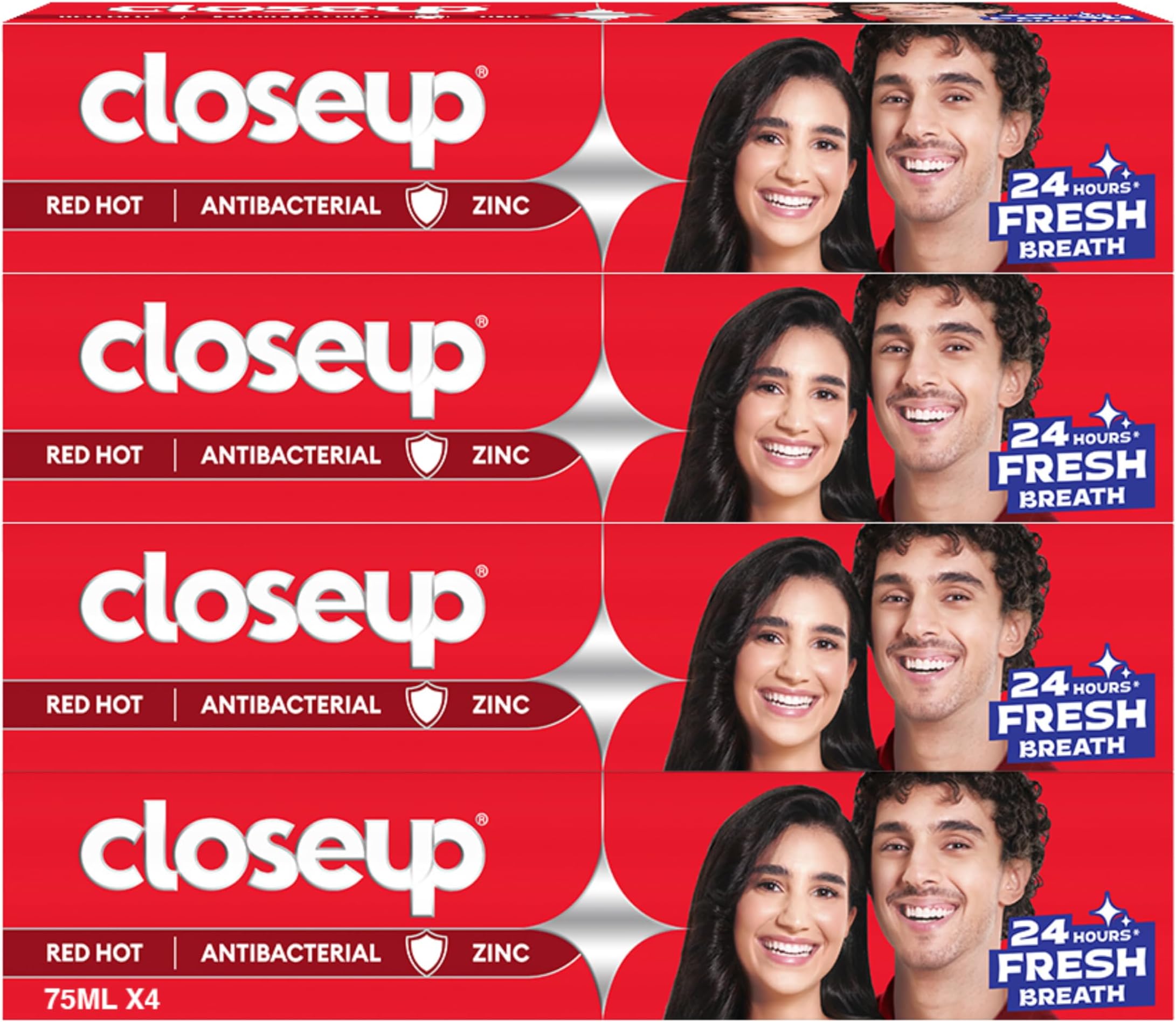 Closeup Triple Fresh Gel Toothpaste, Red Hot, for 24HR fresh breath, 75ml x 4