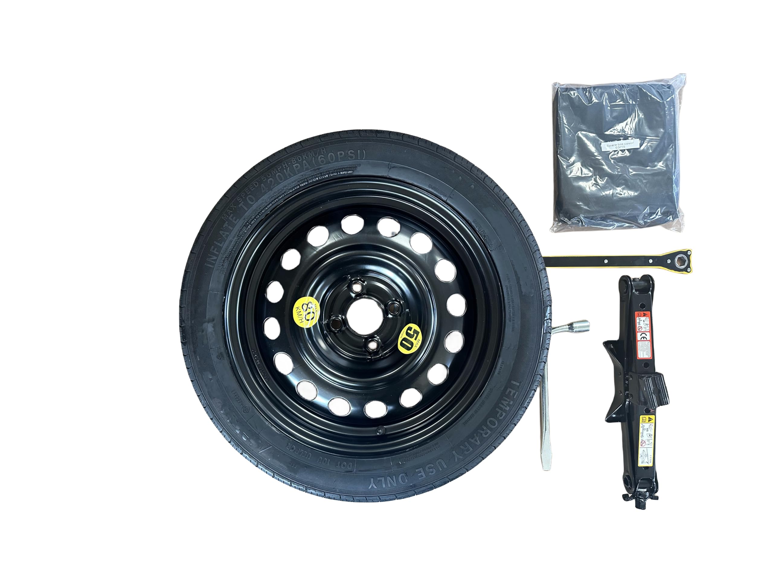 Kit de Rueda de Repuesto 15" compatible con Toyota Yaris con Gata, Llave, Guantes, Tornillo y Funda (<2019) 125/80R15