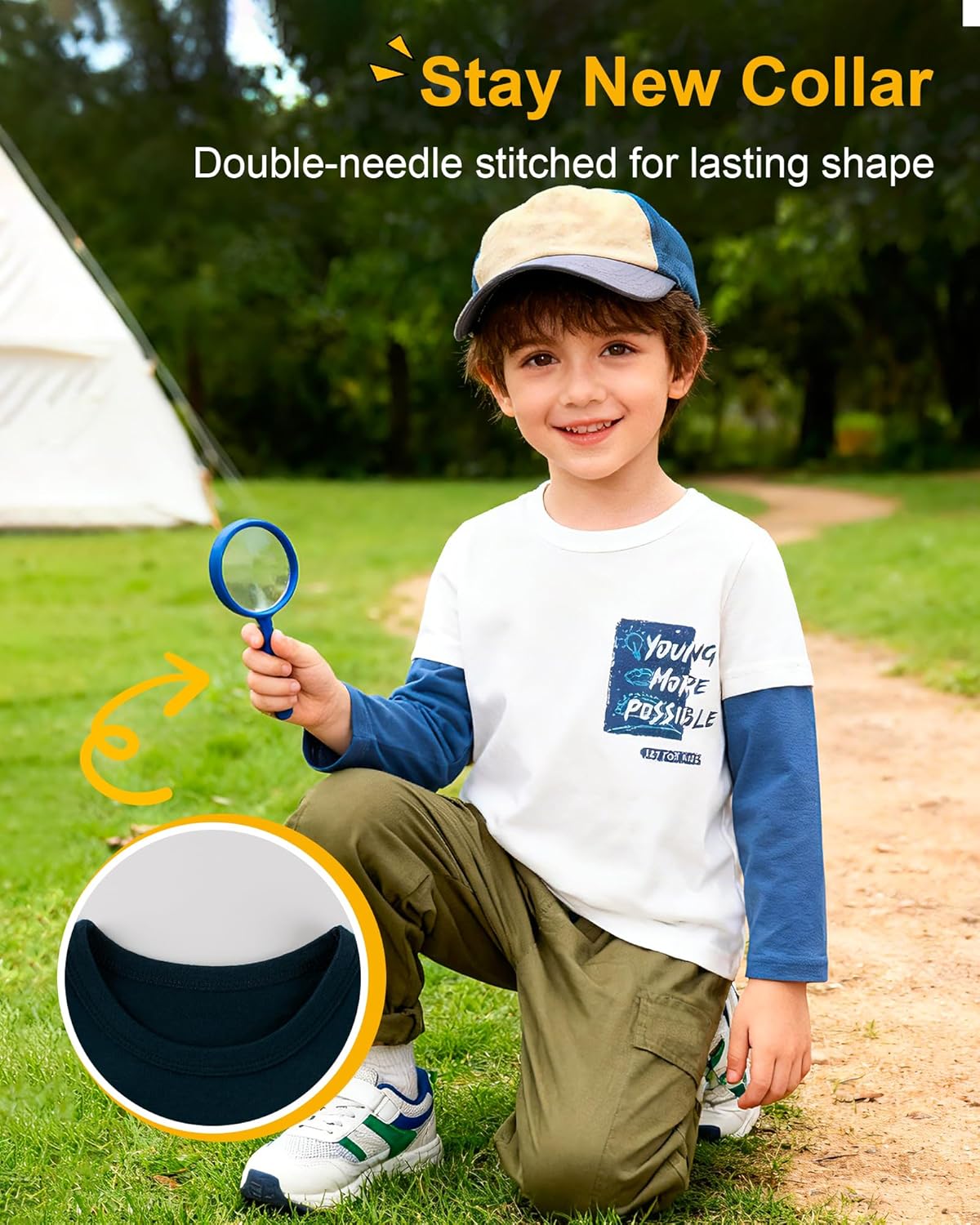 Toddler Boys Color Block Long Sleeve Shirts 3-Pack Cotton Dinosaur&Car Print Boy's T-Shirts Spring/Fall for 18M-9Y - Image 2