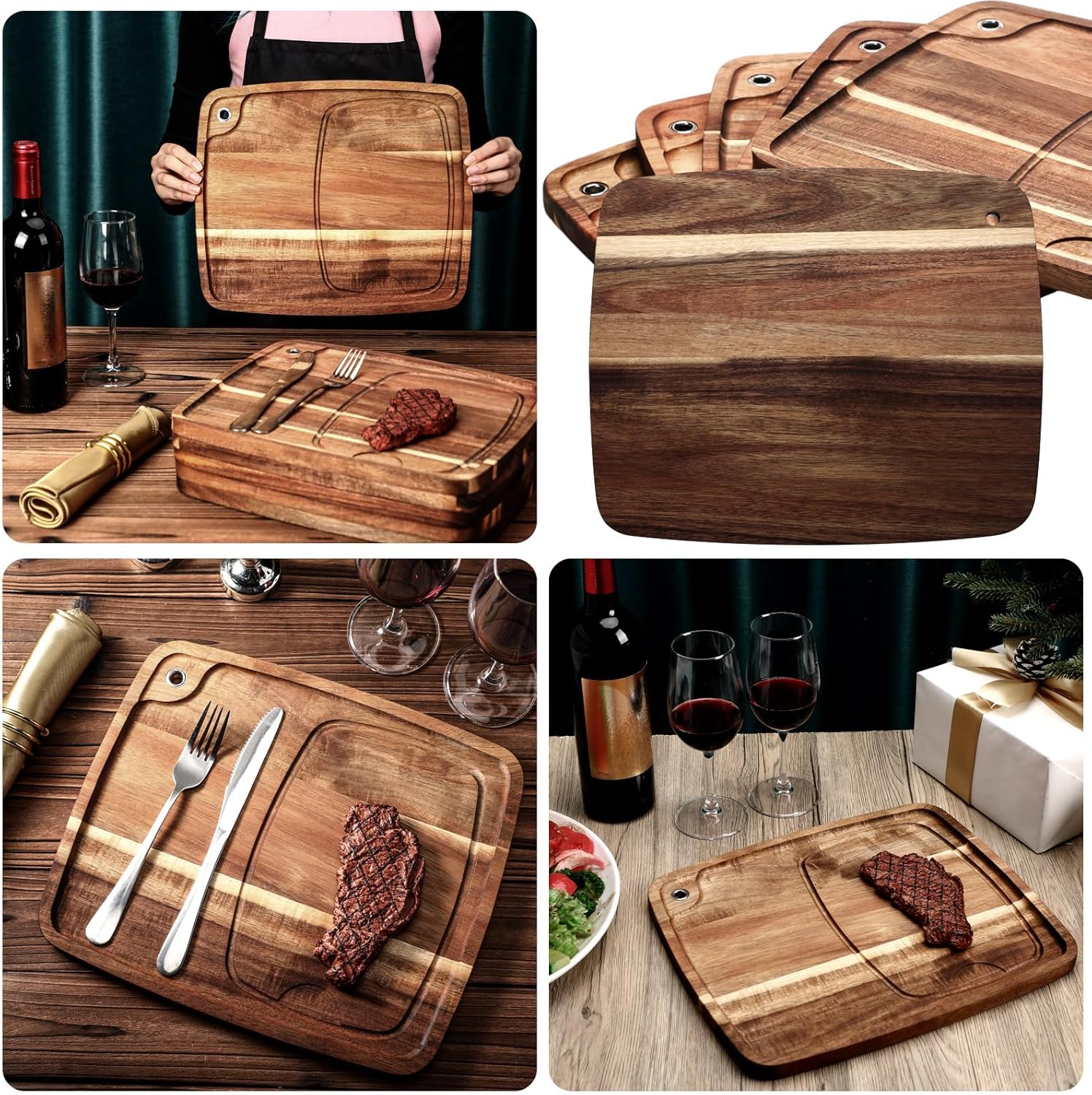 Uiifan 6 Pcs Steak Plates with Juice Channel Wooden Steak Board Set Acacia Cutting Serving Board for Christmas Home Serving Eating Meat Dishes Snack Dessert, 13 x 11 x 0.6 Inch - Image 6
