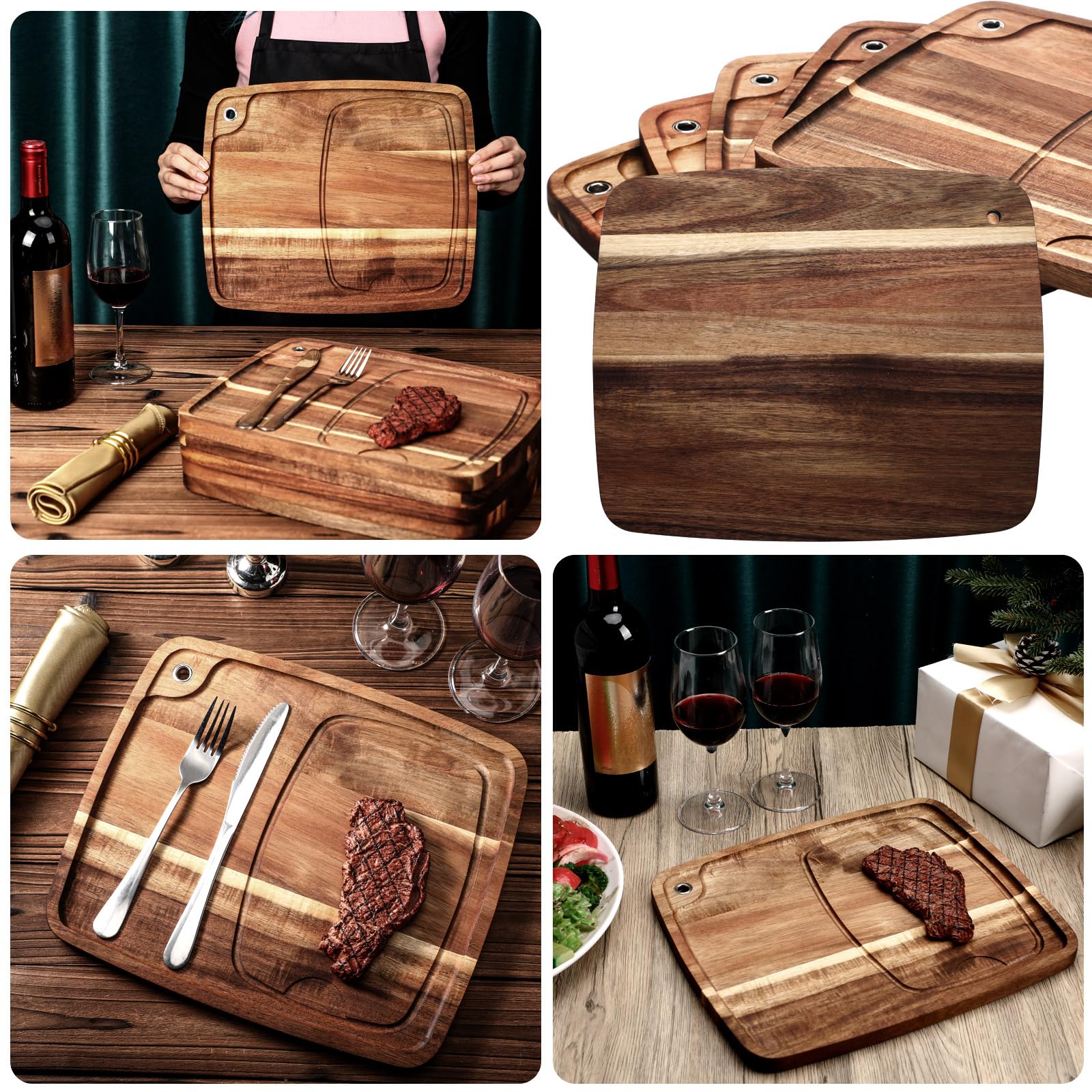 Uiifan Juego de 6 platos de carne con canal de jugo, tabla de cortar de madera de acacia para servir en Navidad, servir en casa, platos de carne, aperitivos, postres, 13 x 11 x 0.6 pulgadas