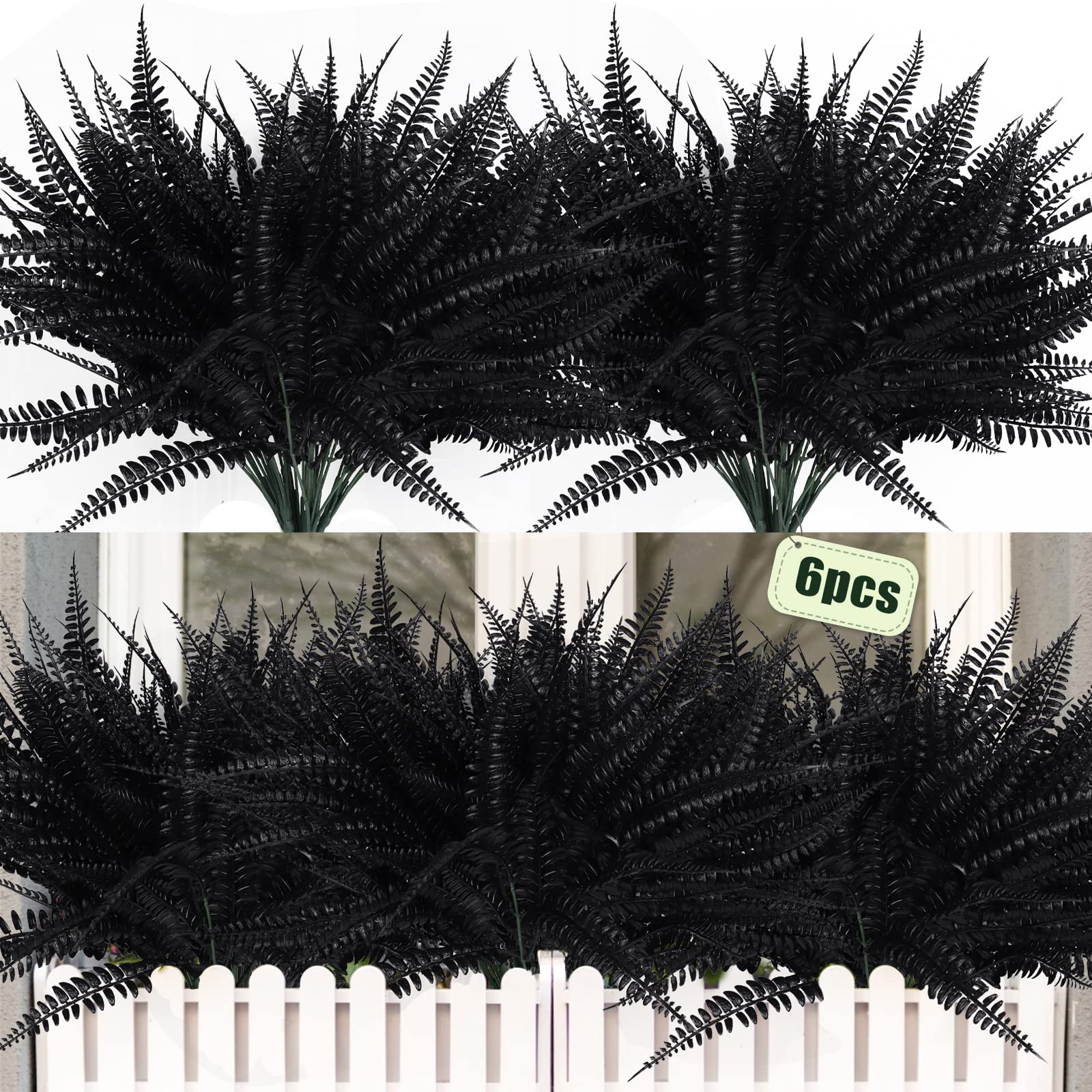 RECUTMS 6Pcs Fake Boston Fern Realistic Faux Plants Indoor UV Resistant Artificial Shrubs Greenery Lifelike Plastic Leaves Bushes for Outdoor Planters Office Porch Garden Halloween Decor(Black)