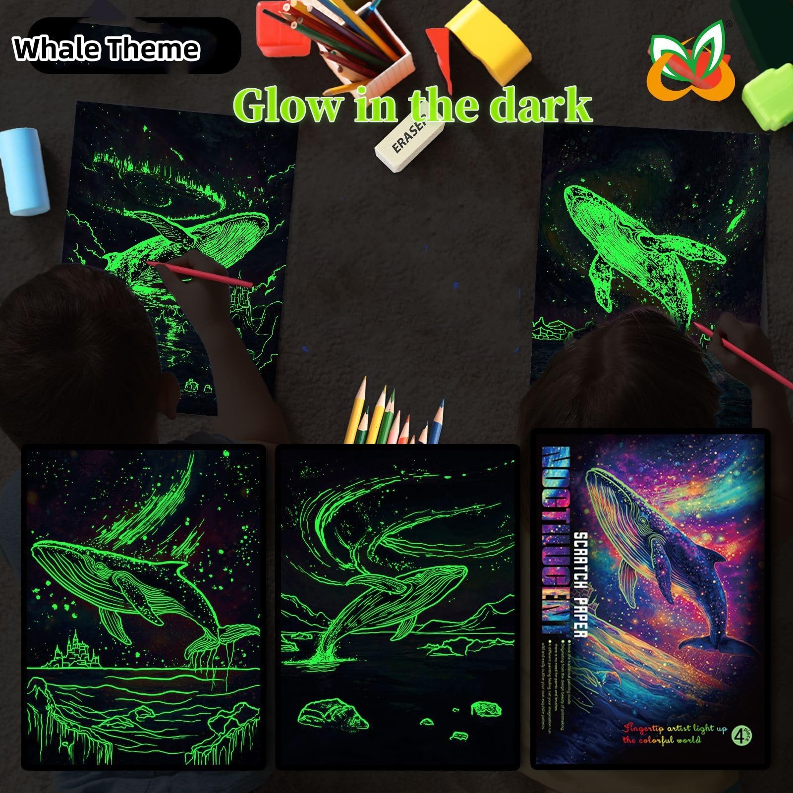 Georgie Porgy Zestaw obrazów do zdrapywania, DIY, dla dzieci i dorosłych, Magic Rainbow A4, papier do zdrapywania, na Boże Narodzenie, prezent urodzinowy, z zestawem narzędzi do zdrapywania, świecące