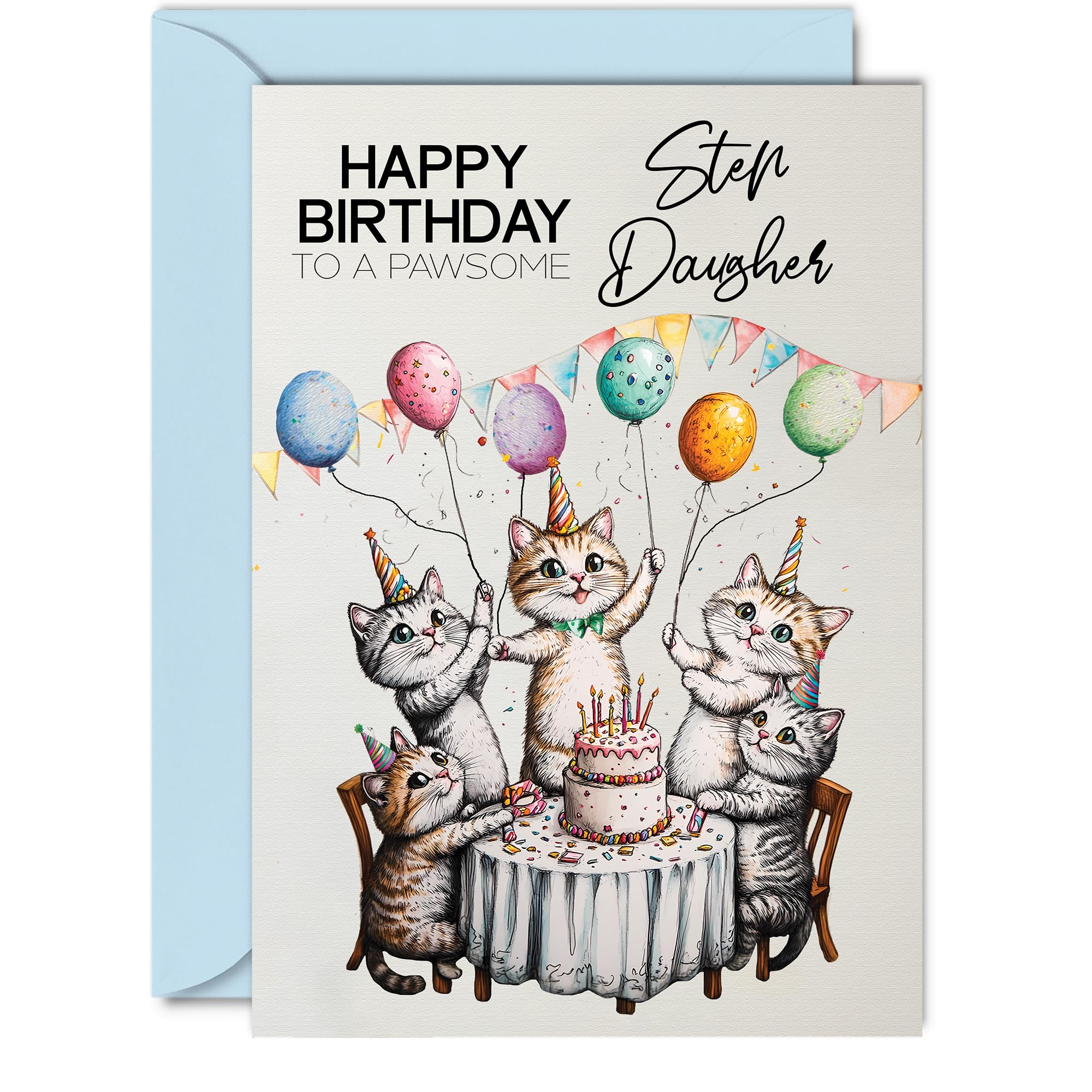 Step Daughter Birthday Card - Pawsome Party Cats Balloons - Happy Birthday Card for Step Daughter from Dad Mum, A5 Female Cat Bday Greeting Cards