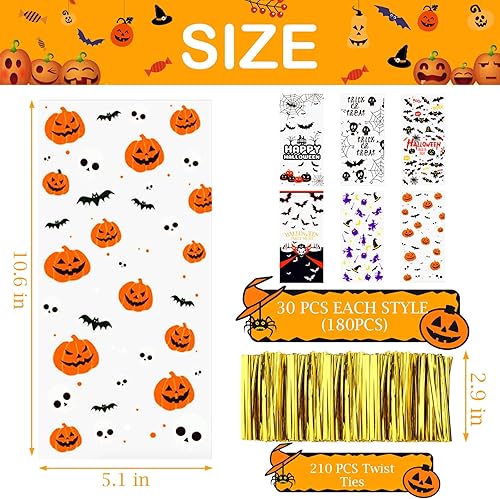Miniatura 2 de 180 bolsas de celofán de Halloween, bolsa de plástico transparente para dulces con lazos dorados para fiestas de Halloween
