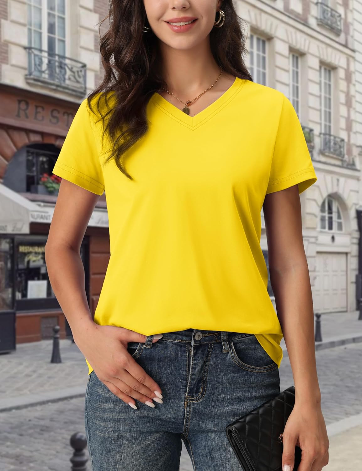 MAGCOMSEN Women's Cotton T Shirt V-Neck Short Sleeve Shirt Classic-Fit Casual Breathable Tee Summer Basic Tops - Image 2