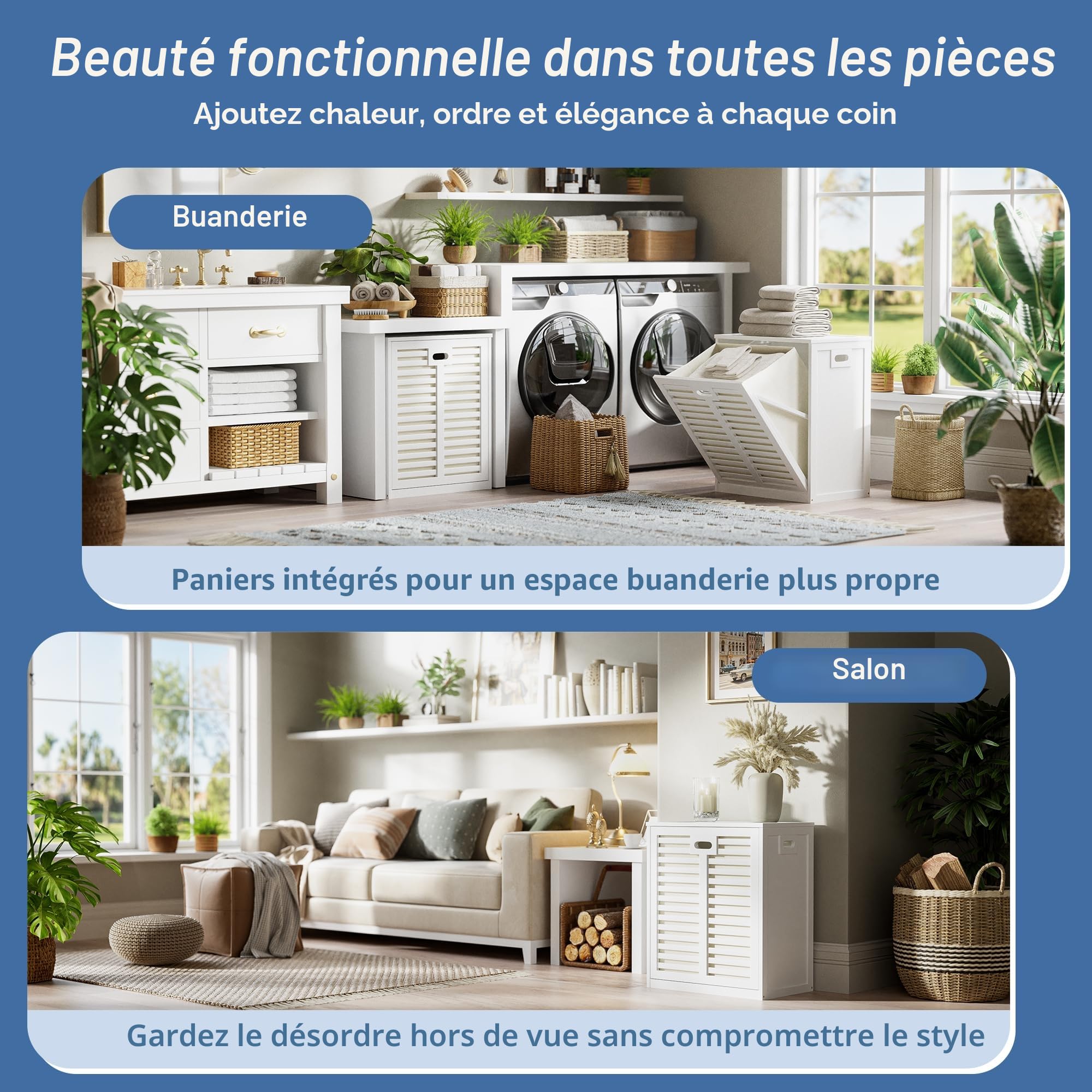 HITNET Meuble Salle de Bain avec Panier à Linge, Armoire bas Salle de Bain en Bambou avec Sac Intérieur Amovible pour Buanderie, Toilette et Chambre à coucher, Blanche