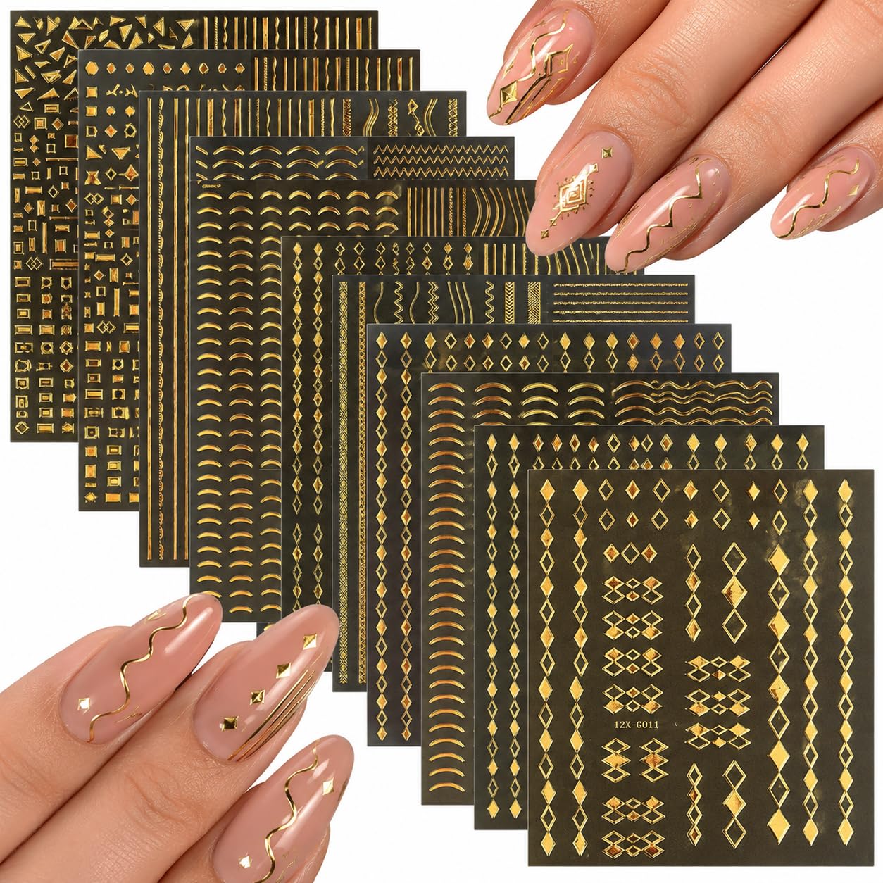 BendJoy Gold Nail Stickers, 12 Sheets 3D Self Adhesive Metallic Line Pattern Nail Accessories, Nails Art Stickers for DIY Manicure Wedding Party Festival Nails Decoration, Women Girls-image-40