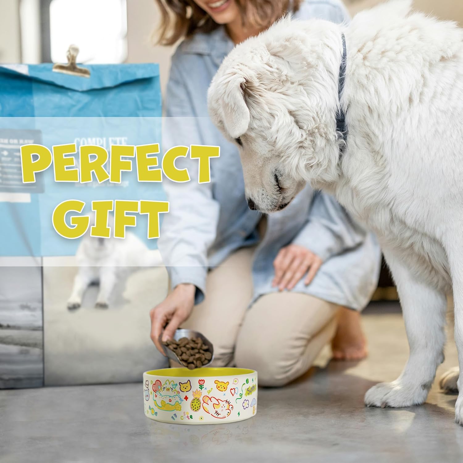 YOBRO Cute Ceramic Dog & Cat Bowl Set of 2, 5.2'' Food Bowl and Water Bowl for Small Dogs and Cats, 17 oz Non-Slip Puppy Bowls for Small Pets, Yellow & White