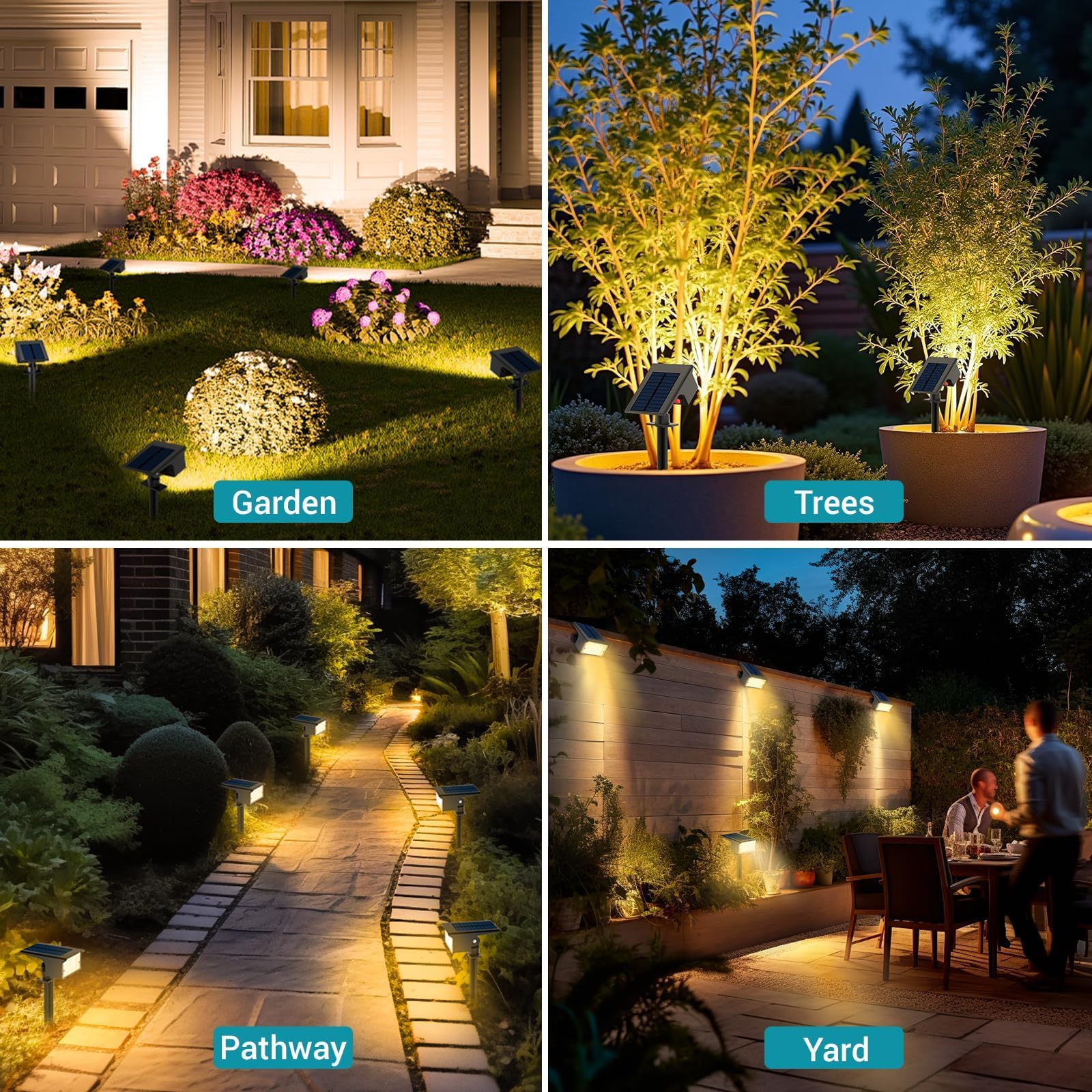 kolpop Luces Solares LED Exterior Jardin [4 Piezas/77 LEDs],3000K Cálido Luz Solar Exterior,Impermeable IP65,Focos Solares para Patio,Piscina,Macetas,Suelo,Calzada,Terraza,Césped,Carril