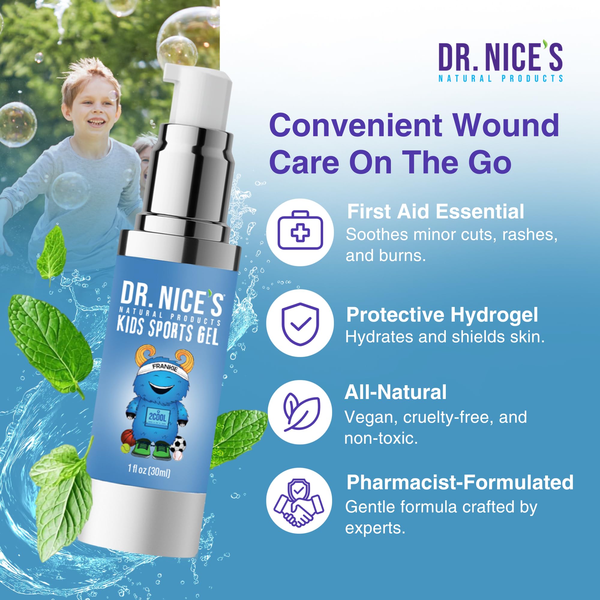 DR. NICE'S Kids Sports Hydrogel for Blister Care, Chafed Skin Relief, Scrapes, Minor Cuts, Wounds, Burns - Soothing Cooling First Aid Gel for Raw & Irritated Skin - Natural, Made in USA - 30 ML — Amazon image 2