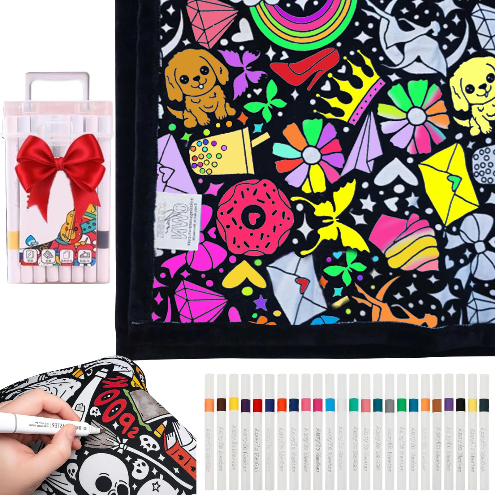 VLUVLA DIY Coloring Blanket, DIY Color Your Own 50×60 Inch with 24 Pens, Creative Personalized Fuzzy Velvet Washable,Creative Personalized Art Project for Home Bedroom Decor