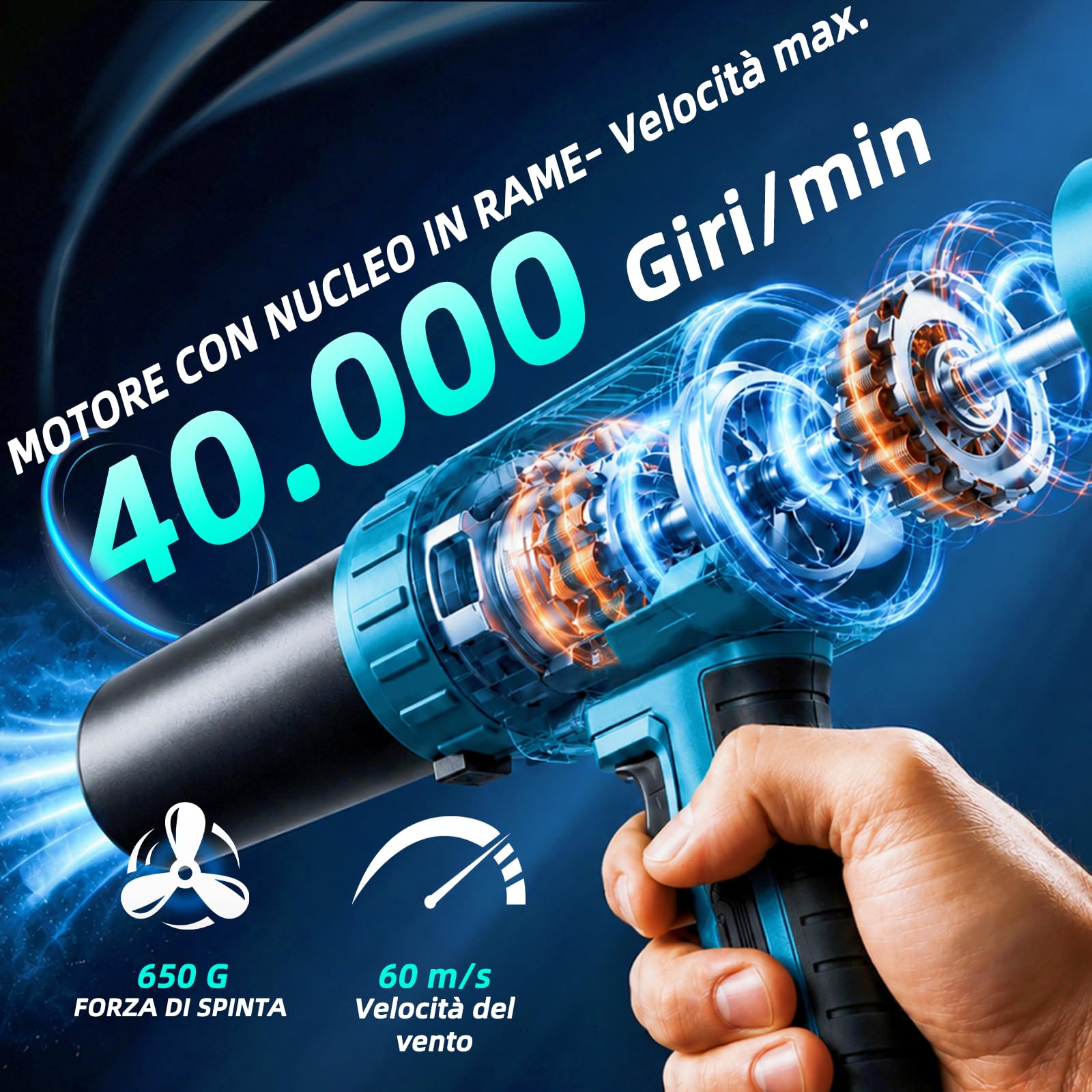 Soffiatore per foglie senza fili Turbo – 40000 giri/min, 60 m/s, 650 g – incl. 3 ugelli – Compatibile con Makita 18V – Blu (Senza batteria e caricabatterie)
