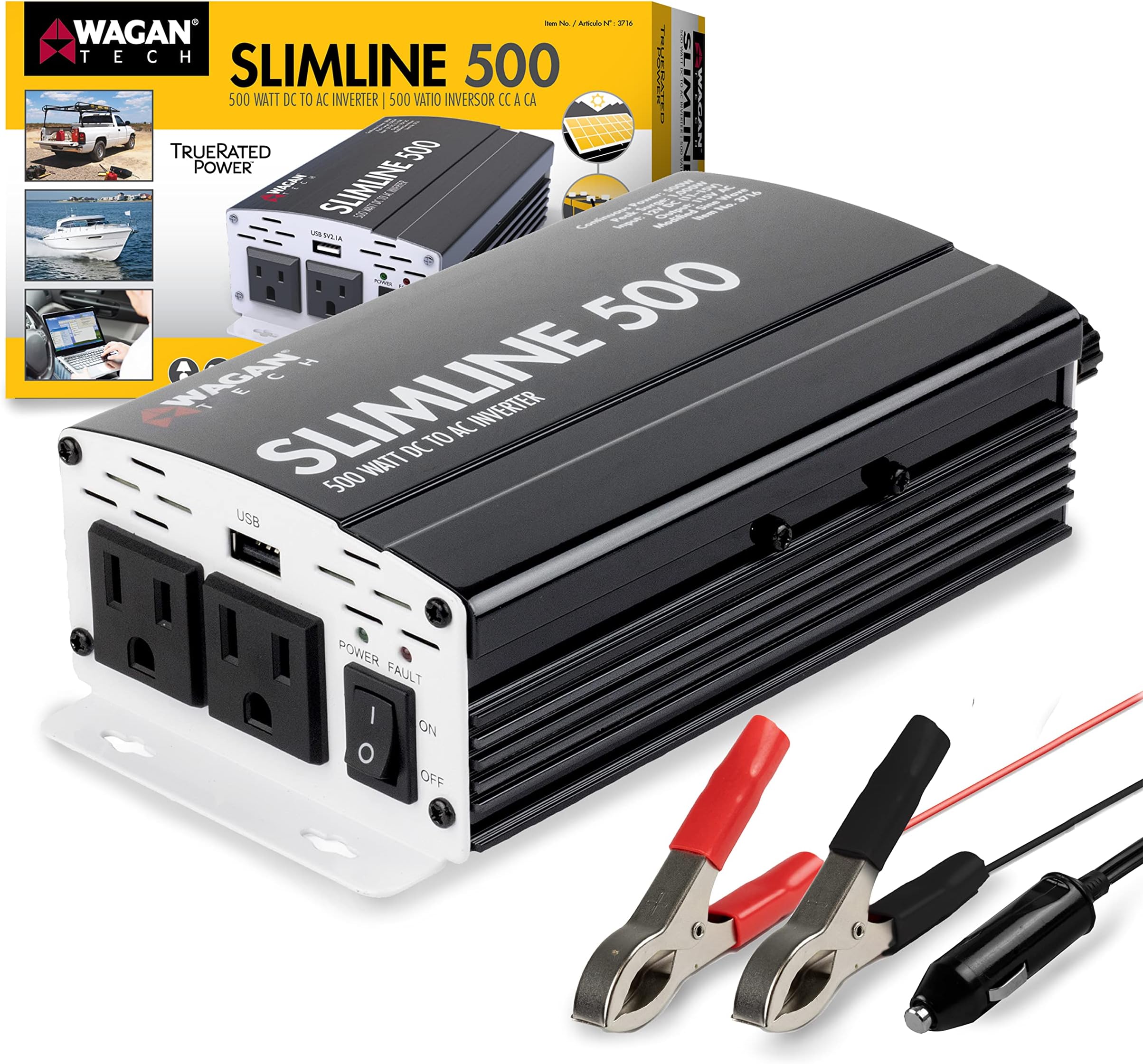 - Wagan 3716 500W Slim Line AC to DC Inverter 500W TrueRated 1000W Surge Power Inverter