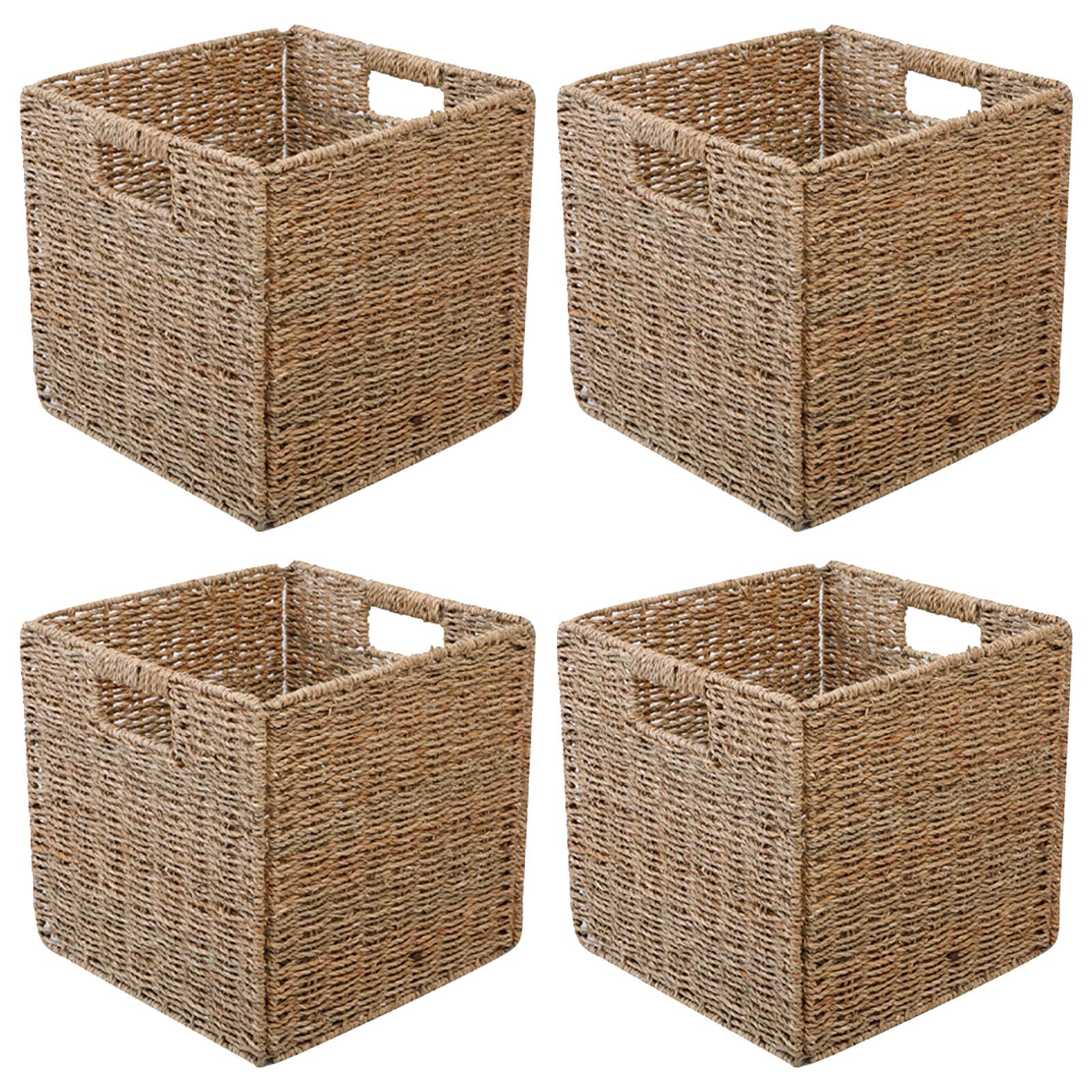 4x opbergmand, vierkante mand voor badkamer & kinderkamer, kastmand, gevlochten, opvouwbaar, 31x32x30 cm, wit