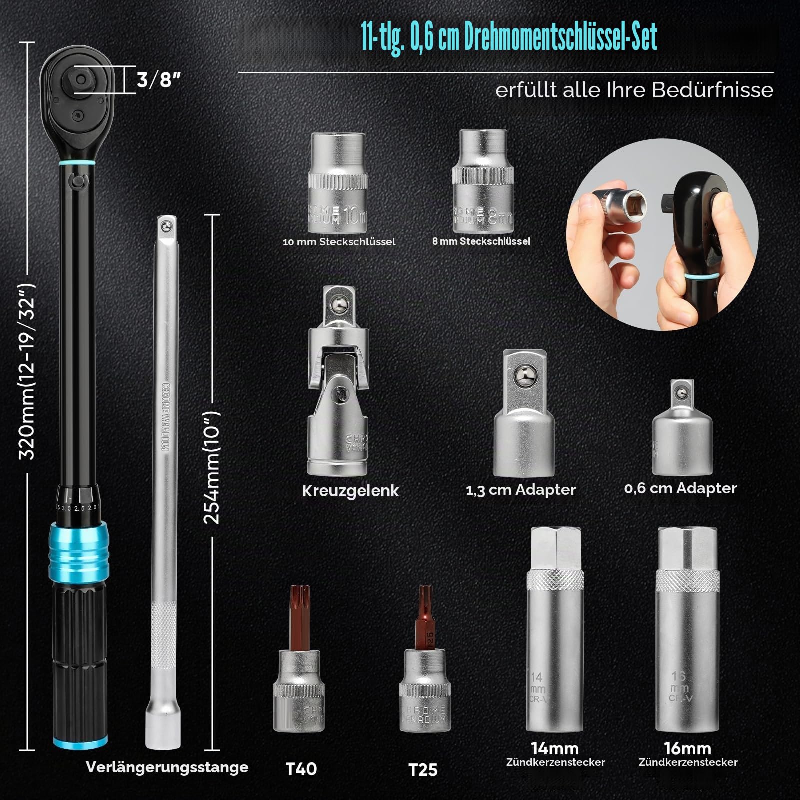 Shall 11-teiliger 3/8-Zoll-Drehmomentschlüsselsatz (5–60 Nm), in zwei Richtungen verstellbar, 72 Zähne, geeignet für die Wartung von Autos und Motorrädern